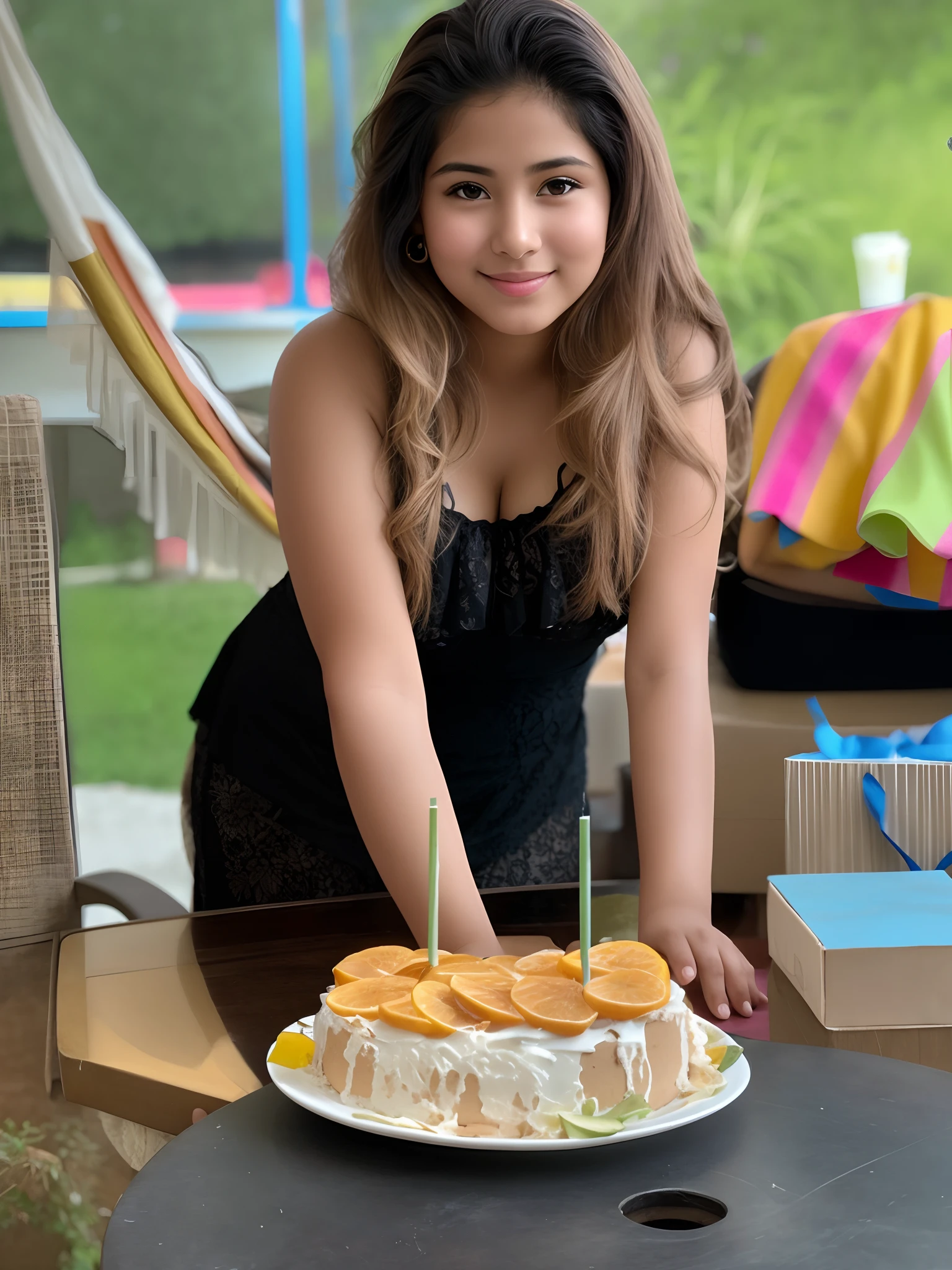 Beautiful young el Salvadorian girl celebrating her birthday. Her very large, heavy breasts strain the fabric of her blouse as she leans forward and smiles into the camera