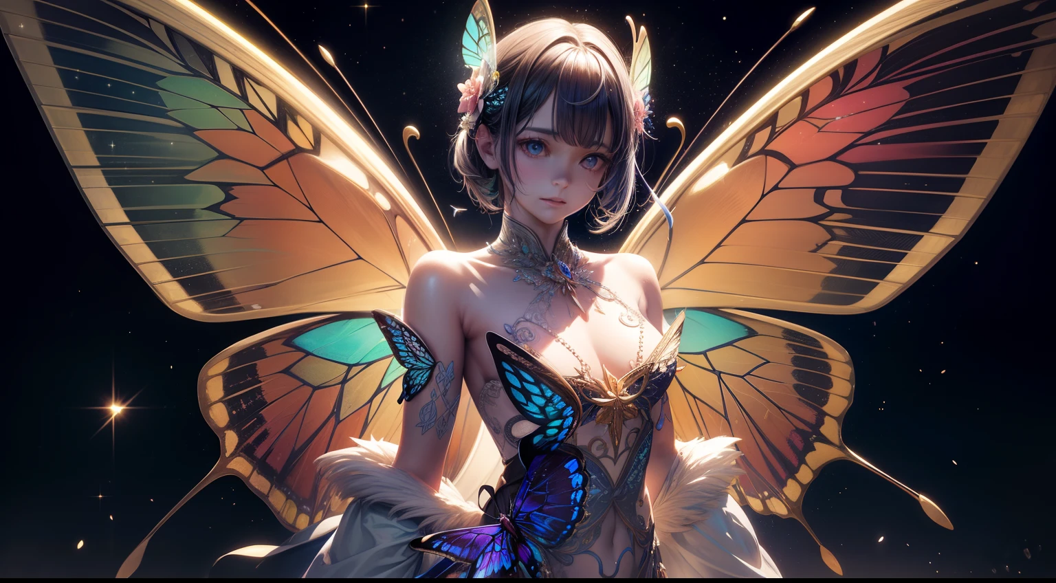 A strange creature with a multi-colored body, Delicately decorated, Sparkling wings, This is like a cross between a butterfly and a flower, 8k, Quilty Altitude, Realistic, Beautiful realism, outstanding detail, RAW photo, Light and cool lighting, realistic photo, Cel shaded, Gel lighting, ultra-detail, 3D Realistic