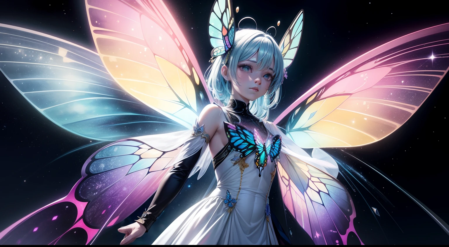 A strange creature with a multi-colored body, Delicately decorated, Sparkling wings, This is like a cross between a butterfly and a flower, 8k, Quilty Altitude, Realistic, Beautiful realism, outstanding detail, RAW photo, Light and cool lighting, realistic photo, Cel shaded, Gel lighting, ultra-detail, 3D Realistic