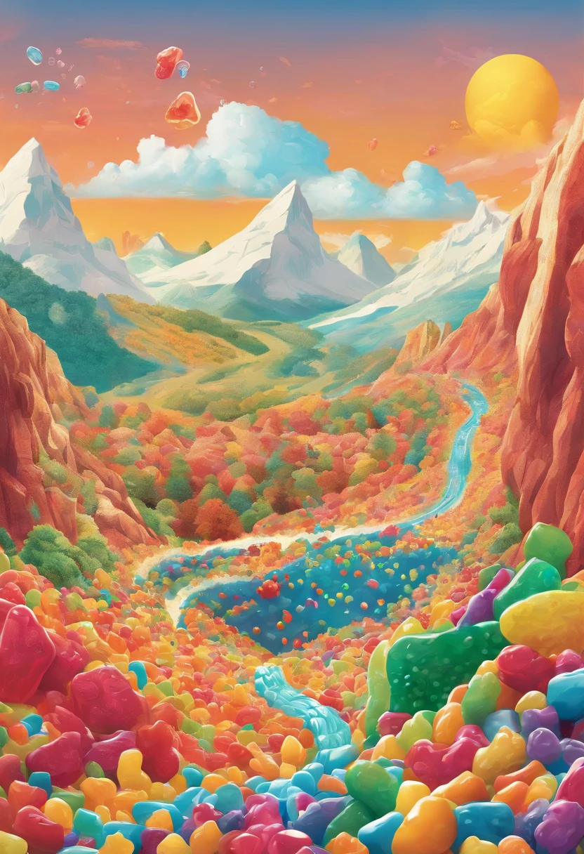 Design a fantastical landscape where gummy bears cascade down a mountainside like an avalanche, with little gummy bear climbers attempting to conquer the sugary peaks