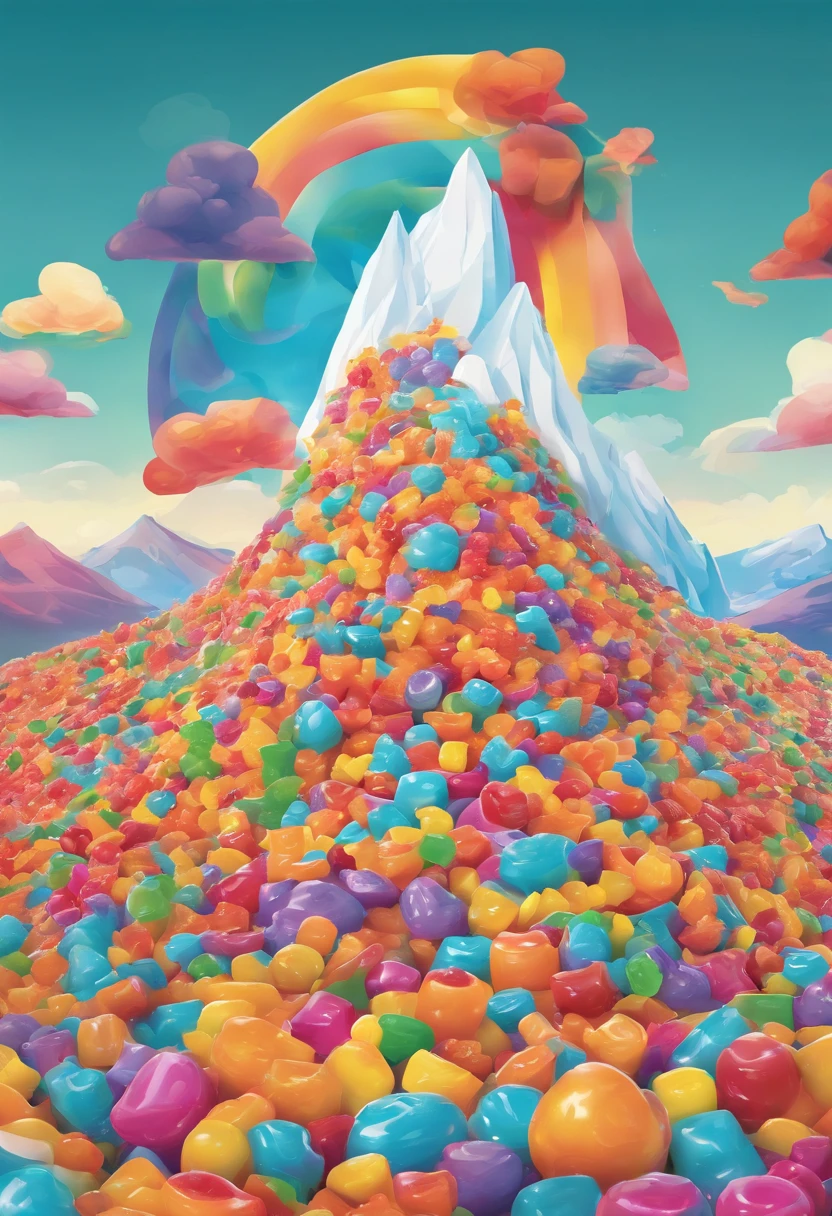 Design a fantastical landscape where gummy bears cascade down a mountainside like an avalanche, with little gummy bear climbers attempting to conquer the sugary peaks