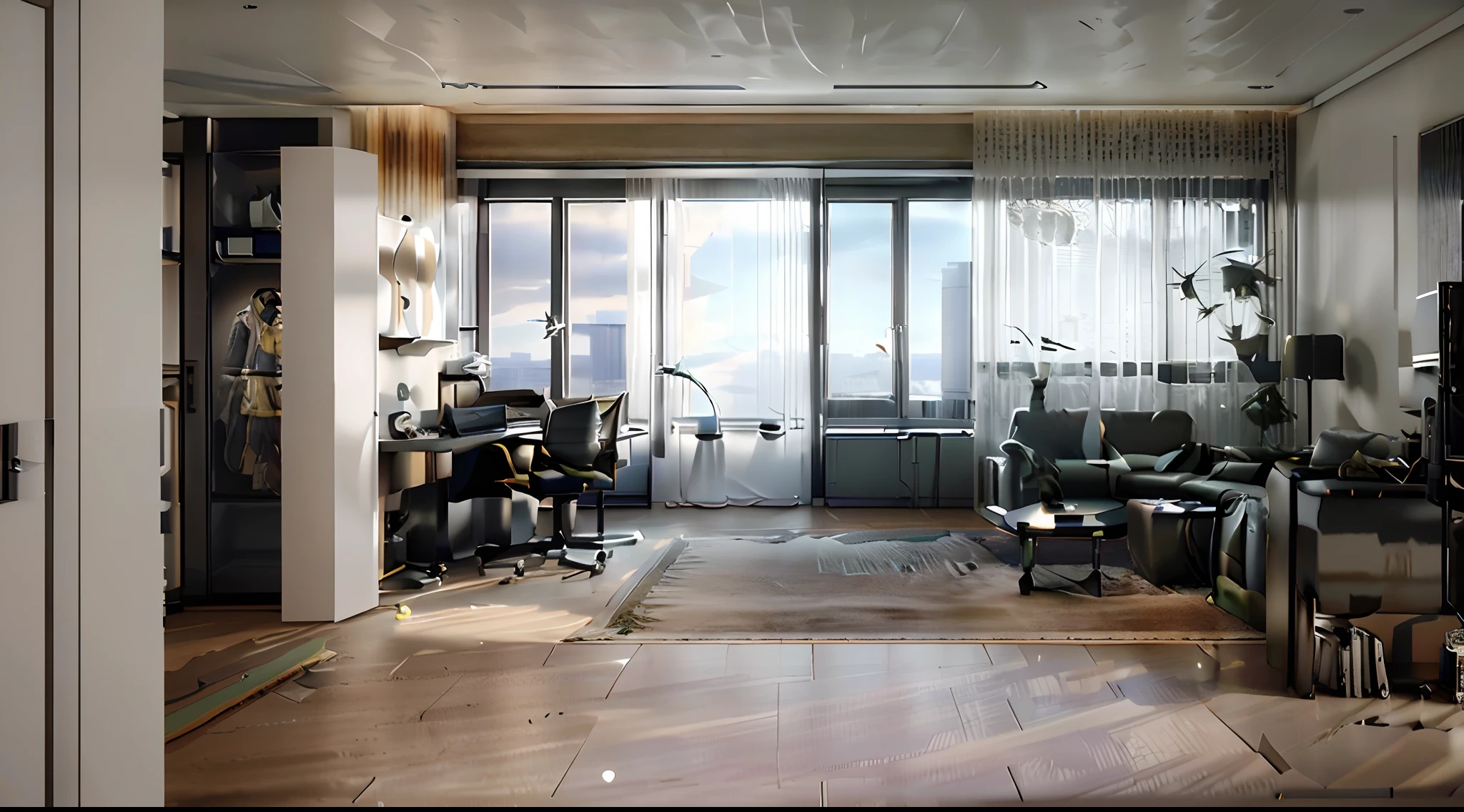 There was a room with large windows and TV, ray traced lighting, rendered in unreal engine 3d, rendered in unreal engine 3, Ray Tracing Global Illumination, hyper photorealistic raytracing, realistic raytracing, render unreal engine - h 7 0 4, render unreal engine-h 704, photo-realistic unreal engine, realistic unreal engine 3 d game