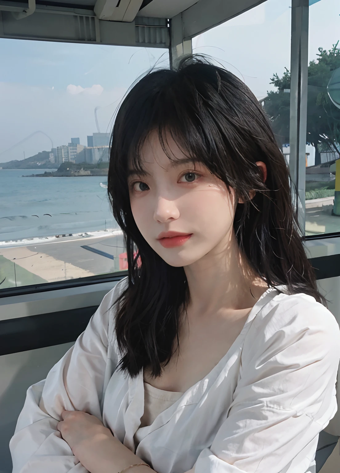 best qualtiy,tmasterpiece,超高分辨率,(realisticlying:1.4),1girll,Raised sexy,(The shirt:1.2),(brassier:1.2),(big cleavage breasts:1.3),(The upper part of the body:1.4),Beach by the sea,in the afternoon