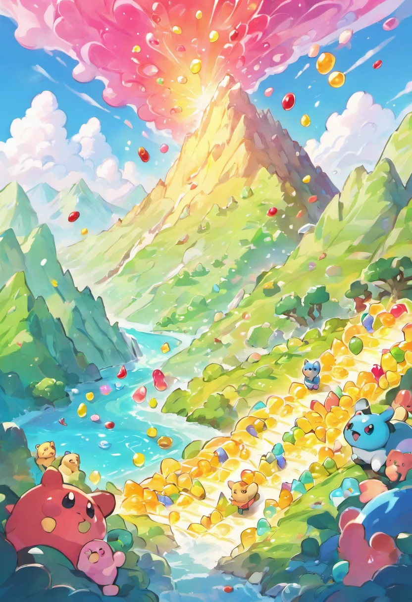 Design a fantastical landscape where gummy bears cascade down a mountainside like an avalanche, with little gummy bear climbers attempting to conquer the sugary peaks