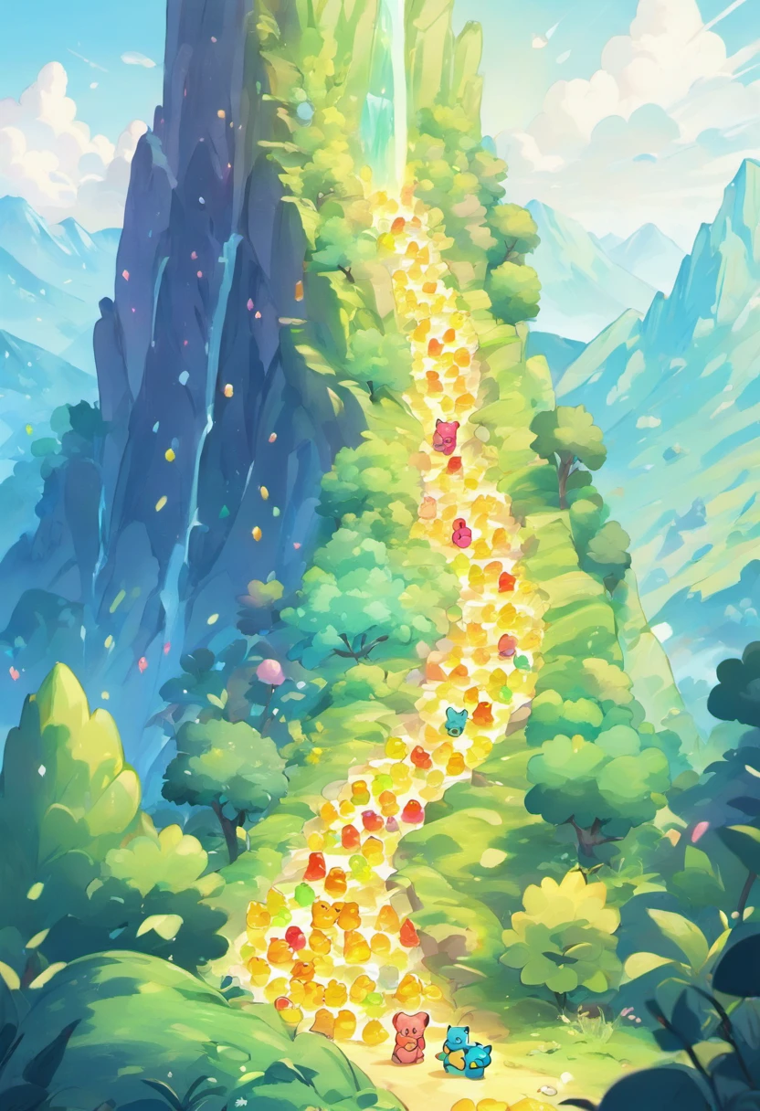 Design a fantastical landscape where gummy bears cascade down a mountainside like an avalanche, with little gummy bear climbers attempting to conquer the sugary peaks