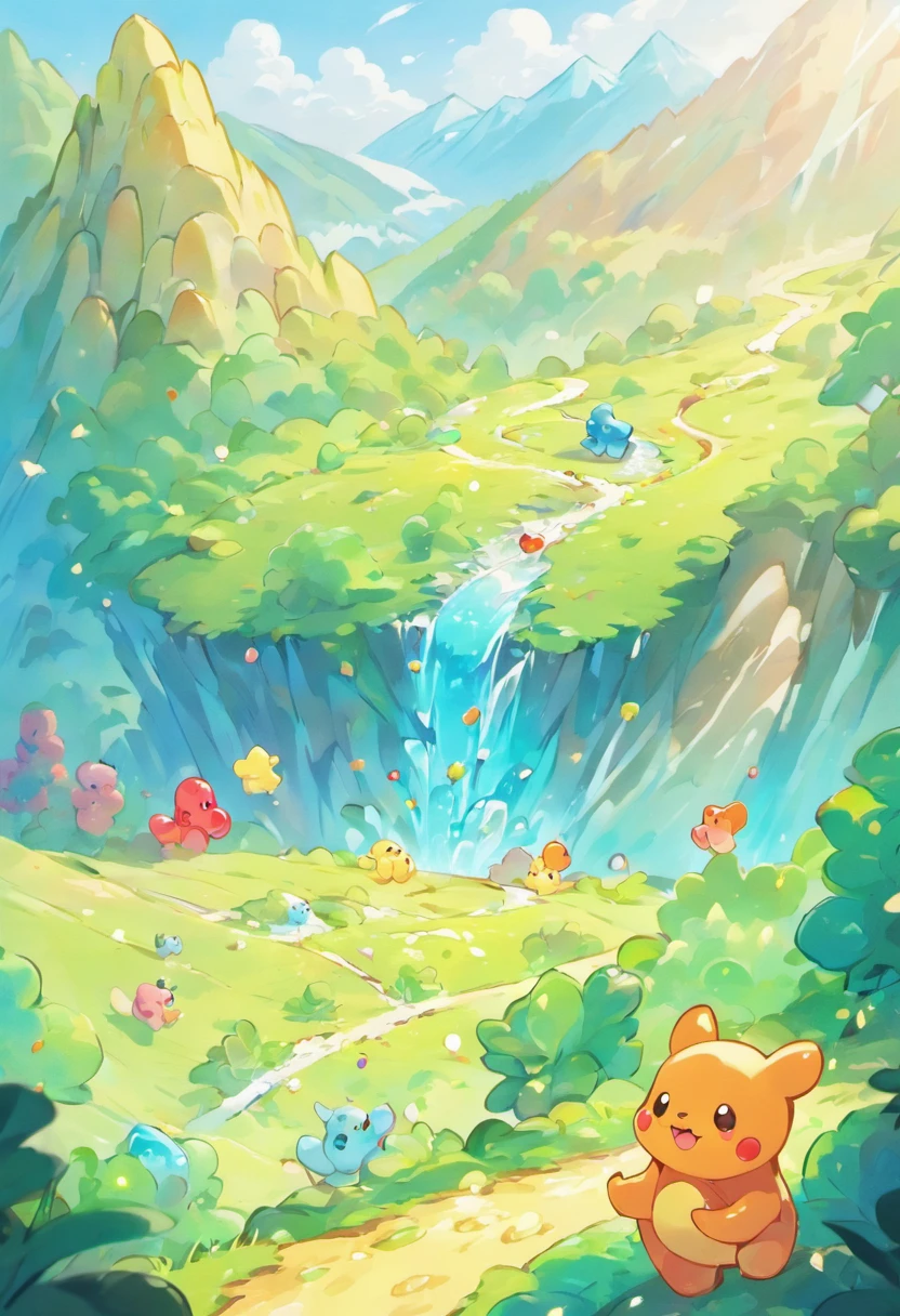 Design a fantastical landscape where gummy bears cascade down a mountainside like an avalanche, with little gummy bear climbers attempting to conquer the sugary peaks