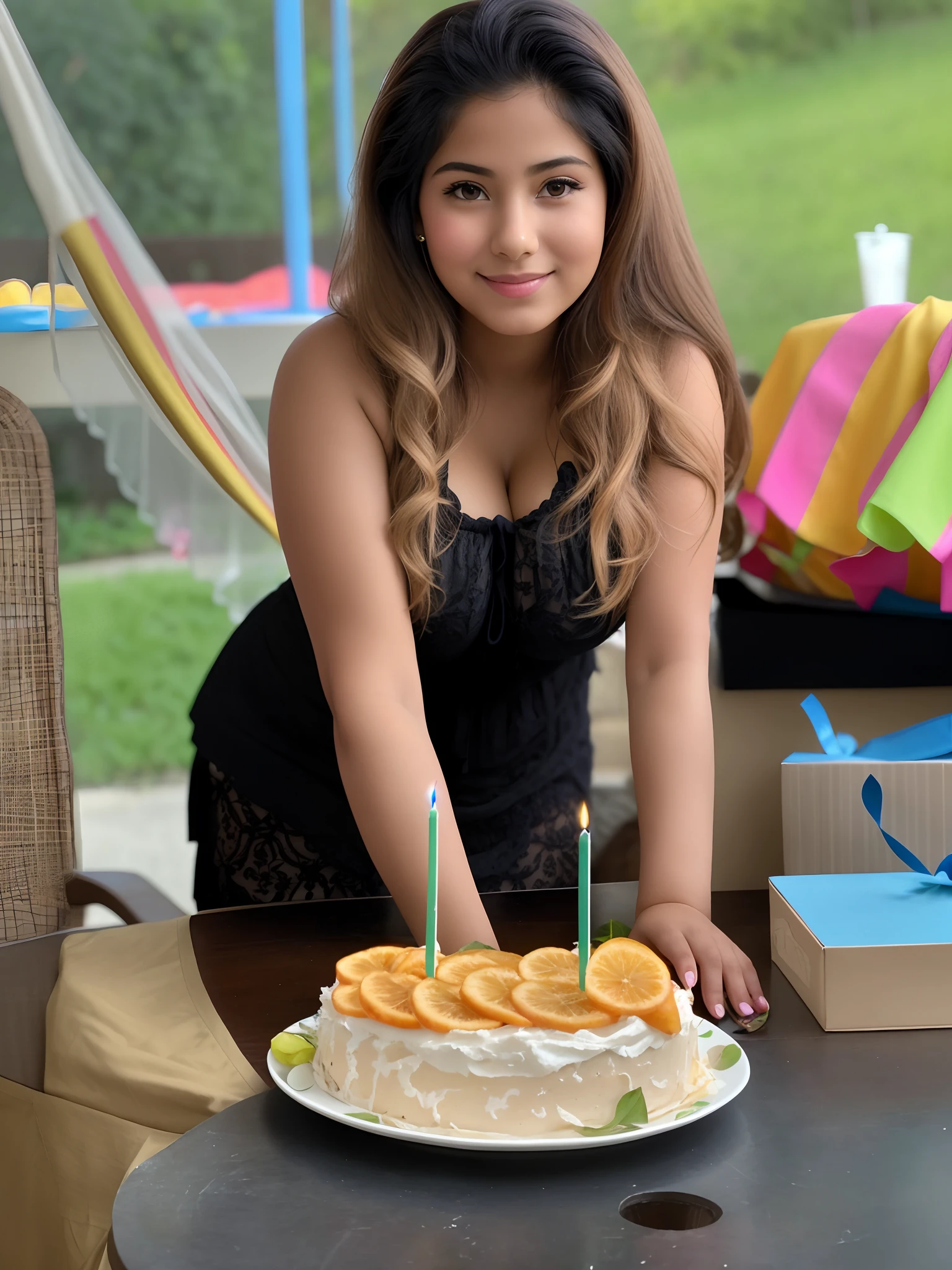 Beautiful young el Salvadorian girl celebrating her birthday. Her very large, heavy breasts strain the fabric of her blouse as she leans forward and smiles into the camera (massive breasts) (huge bust)