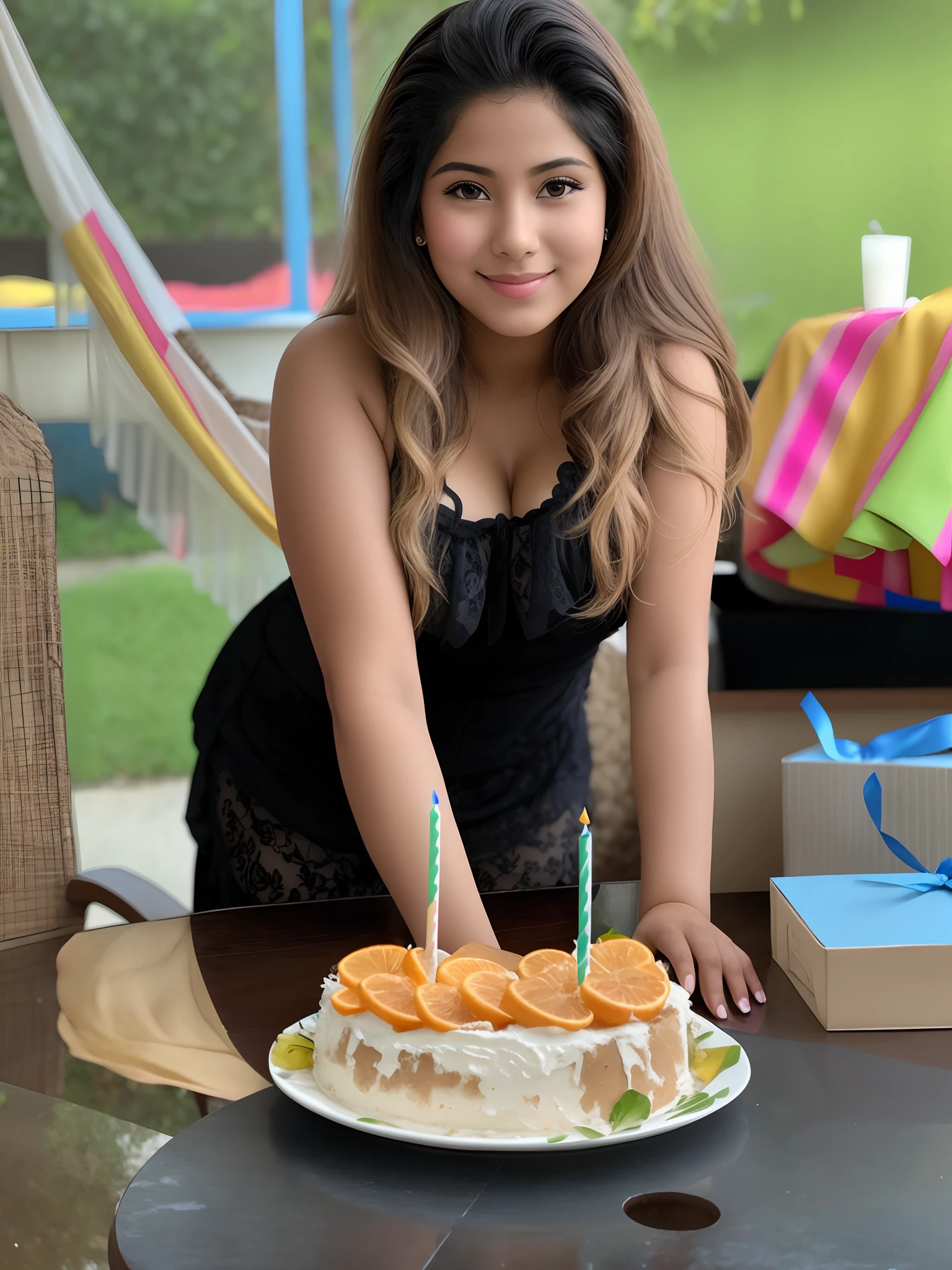 Beautiful young el Salvadorian girl celebrating her birthday. Her very large, heavy breasts strain the fabric of her blouse as she leans forward and smiles into the camera (massive breasts) (huge bust)