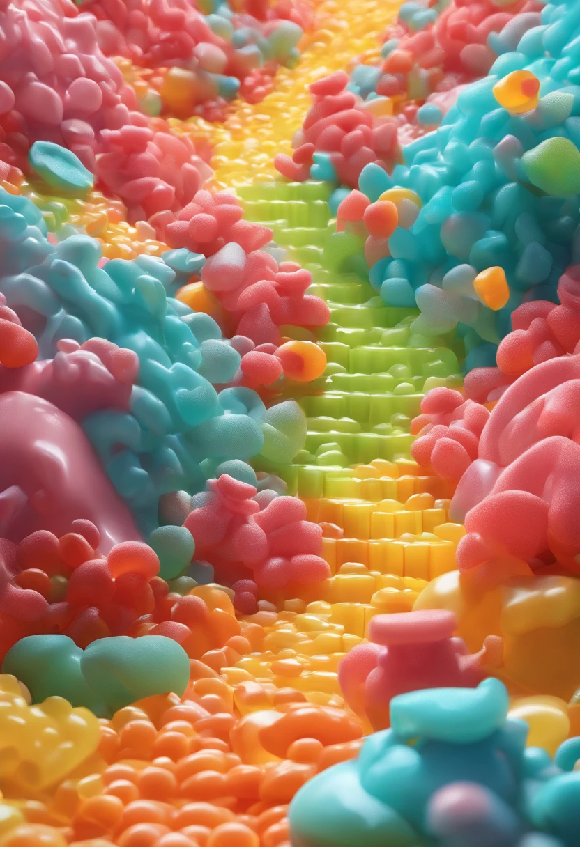 Design a fantastical landscape where gummy bears cascade down a mountainside like an avalanche, with little gummy bear climbers attempting to conquer the sugary peaks