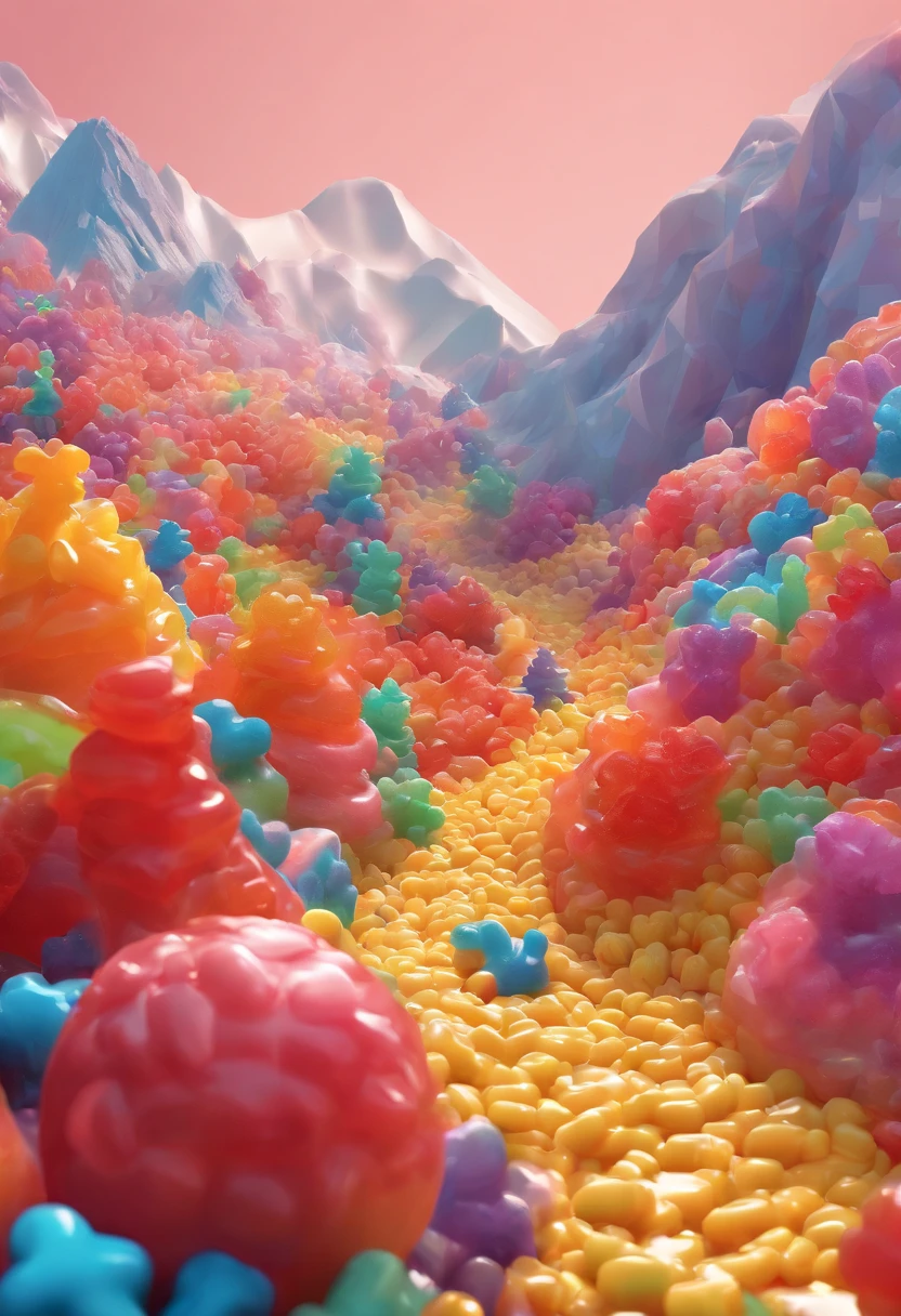 Design a fantastical landscape where gummy bears cascade down a mountainside like an avalanche, with little gummy bear climbers attempting to conquer the sugary peaks