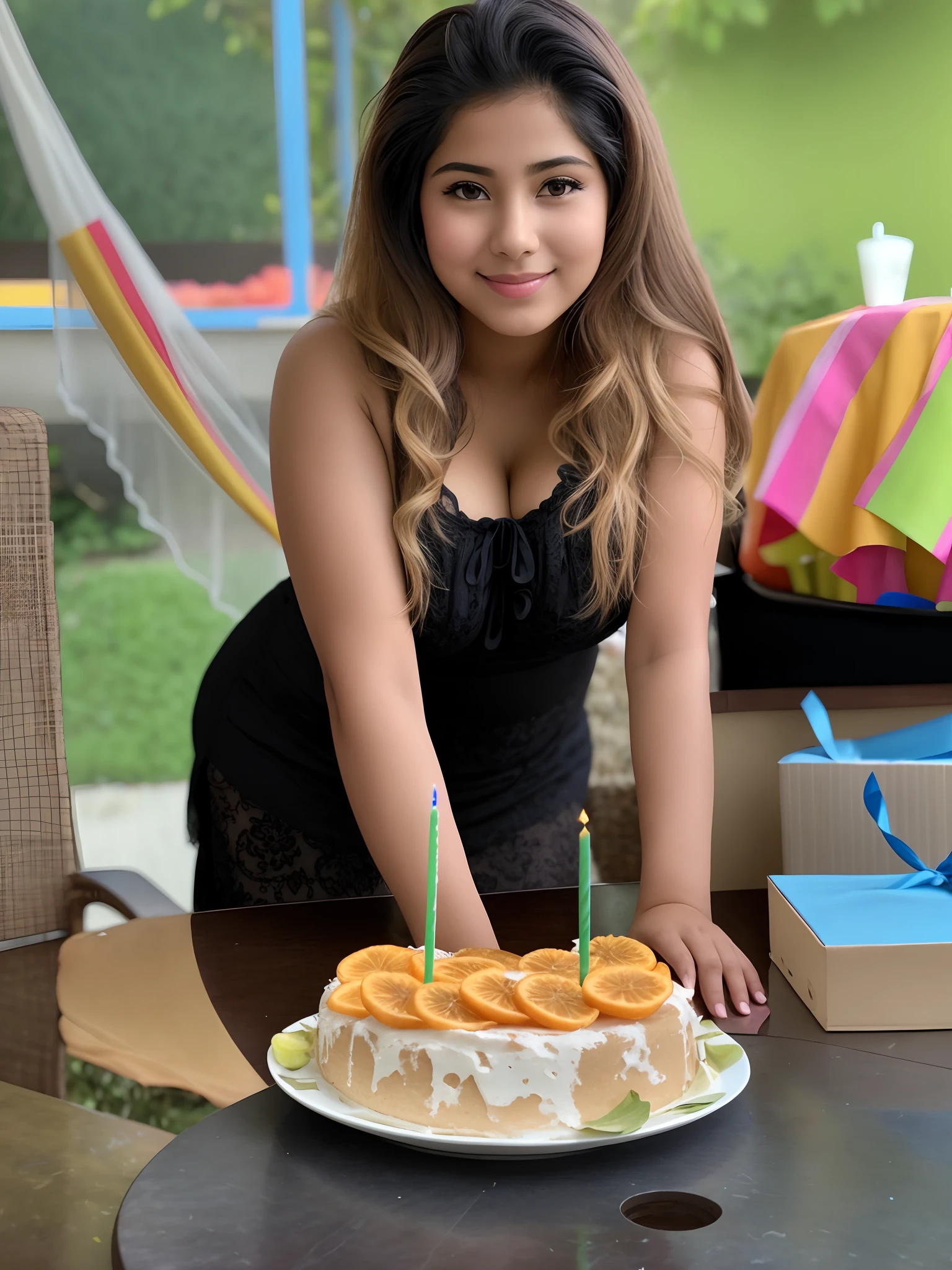 Beautiful young el Salvadorian girl celebrating her birthday. Her very large, heavy breasts strain the fabric of her blouse as she leans forward and smiles into the camera (massive breasts) (huge bust)