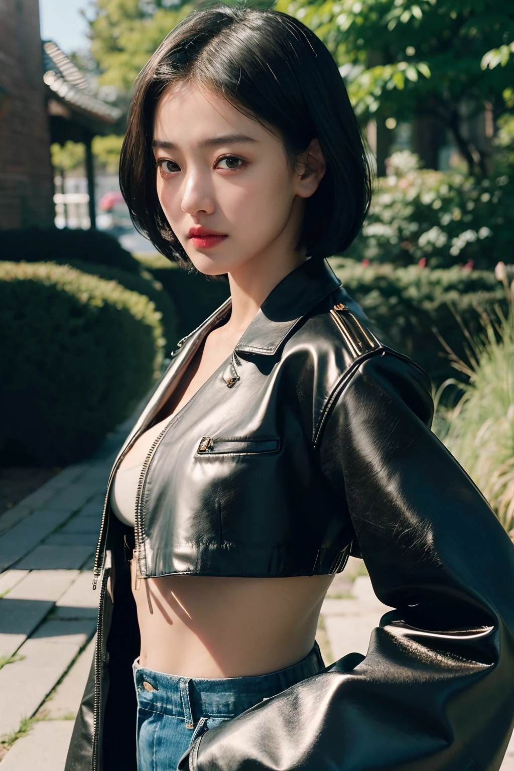 (masterpiece), (best quality), RAW photo, sharp phocus, ultra realistic, 8k resolution, (1girl), solo, upper body, gorgeous face, perfect body, short leather jacket, opened jacket, sexy, posing, sun light, outdoor