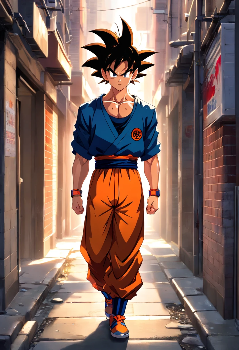 (realistic,photorealistic:1.37),ultra-detailed,detailed illustration of Goku(detailed,emotional,expressive,characteristic),with streetwear style clothes(fashionable,urban,casual),standing in a narrow alley(shadowy,gritty,urban),created with detailed shading and textures(detailed lines,textured surfaces),vivid colors with a mix of vibrant street art tones(graffiti,pop art,urban art),exuding an aura of power(powerful,energetic,dynamic presence). The lighting in the scene should be dramatic and focused, with strong contrasts between light and shadow (dramatic lighting,high contrast lighting). The overall image quality should be of the highest standard (best quality,4k,8k,highres,masterpiece:1.2), capturing every intricate detail of Goku's face, hairstyle, clothing, and muscular physique(additional tags for Goku: spiky hair, muscular build, confident expression, determined eyes). The atmosphere of the alley should reflect an urban and a rural village background.