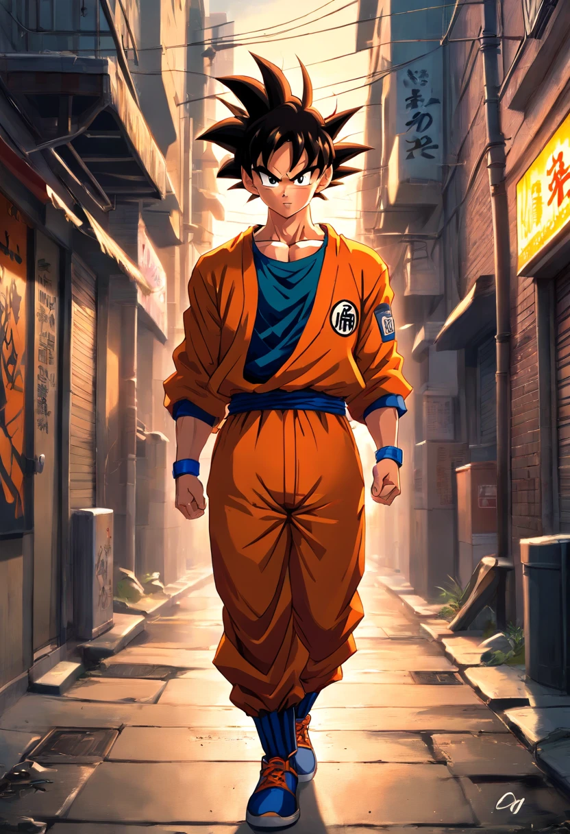 (realistic,photorealistic:1.37),ultra-detailed,detailed illustration of Goku(detailed,emotional,expressive,characteristic),with streetwear style clothes(fashionable,urban,casual),standing in a narrow alley(shadowy,gritty,urban),created with detailed shading and textures(detailed lines,textured surfaces),vivid colors with a mix of vibrant street art tones(graffiti,pop art,urban art),exuding an aura of power(powerful,energetic,dynamic presence). The lighting in the scene should be dramatic and focused, with strong contrasts between light and shadow (dramatic lighting,high contrast lighting). The overall image quality should be of the highest standard (best quality,4k,8k,highres,masterpiece:1.2), capturing every intricate detail of Goku's face, hairstyle, clothing, and muscular physique(additional tags for Goku: spiky hair, muscular build, confident expression, determined eyes). The atmosphere of the alley should reflect an urban and  a rural village background.