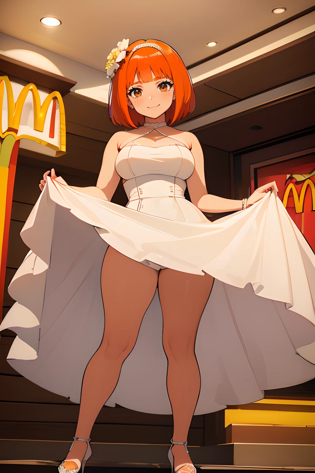Mujer, (pechos grandes), ((corte bob recto)), ((cabello naranja)), (solo), sexy Orange hair, ((mcdonald's)), straight bob cut ((wedding dress)) ((sexy)) cute smile ((thick legs))