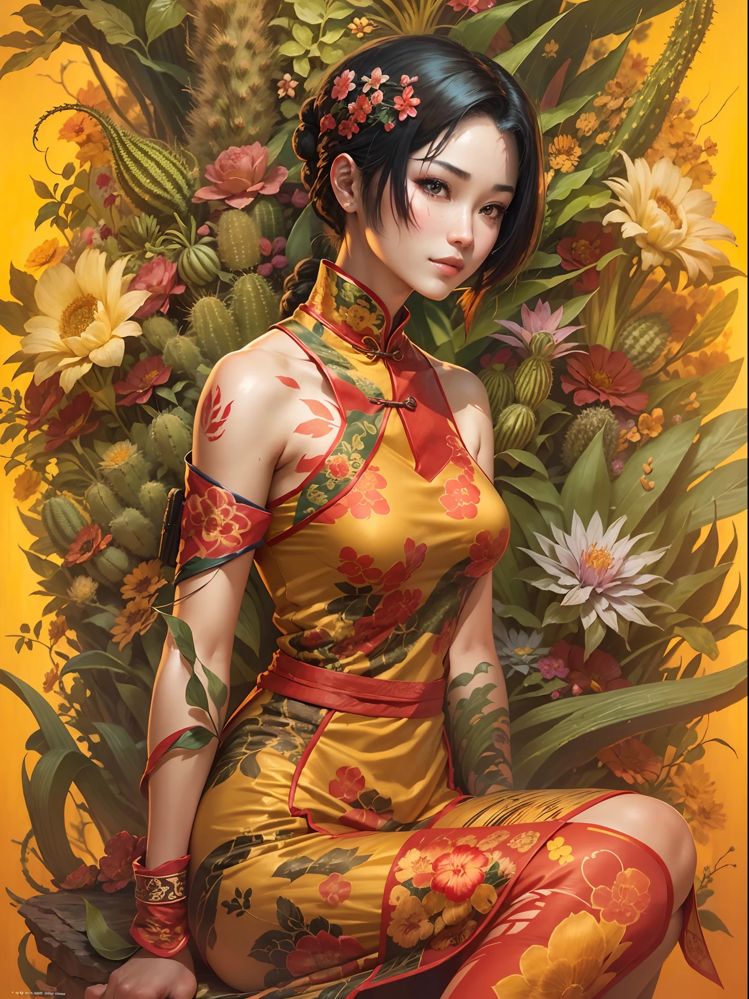 ((Best quality)) , ((Masterpiece)) , (Detailed) ,Fantasy art, Designed by Naoko Takeuchi, comic book art, wall Graffiti, jungles, arte figurativa, (Ada Wong:1.3) ,(Women are sacred:1.2), Very grinning smile, She wears a cheongsam of the Reiwa era, Her cheongsam is bright yellow, One-legged upward position, pointy hair, (Comfortable Maori fantasy makeup and tail:1.2), (Flowers and cactus background 0.6), Deep focus, overdetailed art, Horror, Telephoto lens, (Four colors 1.1), Detailed face, "brown sugar, How do you taste so good?", 8K resolution