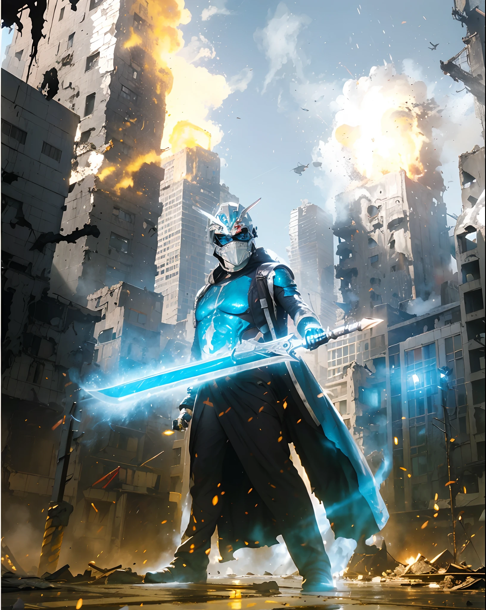 ((Kamenraider)),((realistic, photorealistic)),(Steel mask )), Light reflection, (( mask light)), navel, detached sleeves,((upper body)), (((best quality, masterpiece))), Looking for viewers, outdoor,Buildings destroyed light of fire ,sword light,Destroyed buildings, fire debris, blue aura