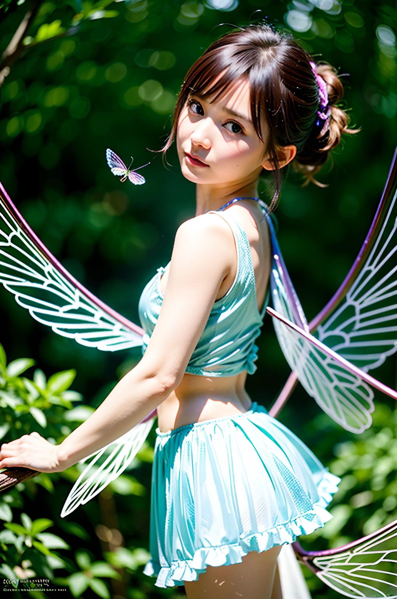 ​masterpiece, top-quality、Raw foto, Photorealsitic、one fairy、(The wings are transparent and sparkly, as thin as insect wings,,,:1.3)、Detailed wings、The fairy has a body that looks completely like a 12-year-old girl、The body glows emerald green、Smaller chest、unbelievable Ridiculous、depth of fields, hight resolution, ultra-detailliert, foco nítido, Cinematic lighting