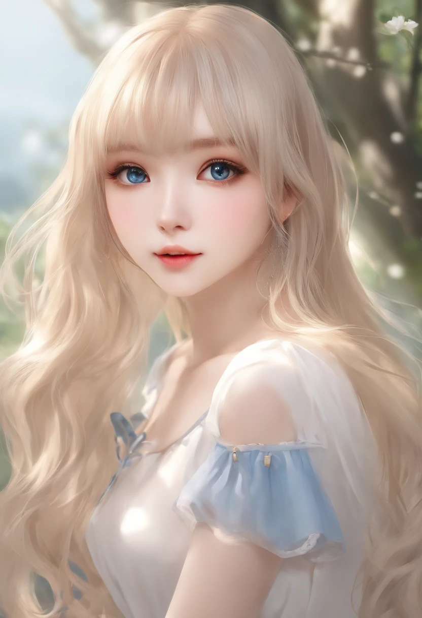 bright expression、photorealisim、top-quality、超A high resolution、a picture、Photos of the most beautiful Nordic girls、Detailed cute and beautiful face、(pureerosface_v1:0.008)、Beautiful bangs、alice in the wonderland、18year old、Glowing white shiny skin、Hair clings to the face、Bangs that extend to the face、bangss、Hair between the eyes、Super long hair、Attractive bright natural blonde super long straight silky hair、finer hair、Attractive glowing beautiful bright clear light blue big eyes、School Uniforms、student clothes、eye liner、Double eyelids、ample breasts