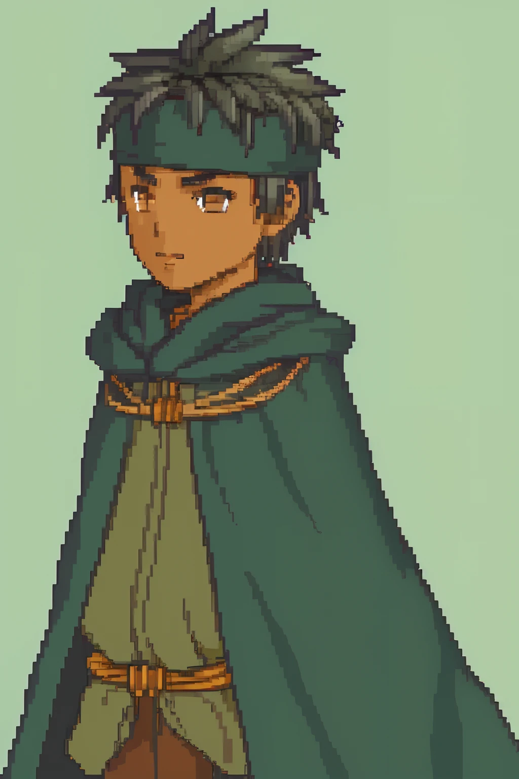 solo focus, Vanilla Fire Emblem, Desaturated Sprite, Halfbody, no frames, young man, boy, shota, child, young child, green cloak, black hair, Mage, tribal, tan, dark skin, headband, tribal clothing
