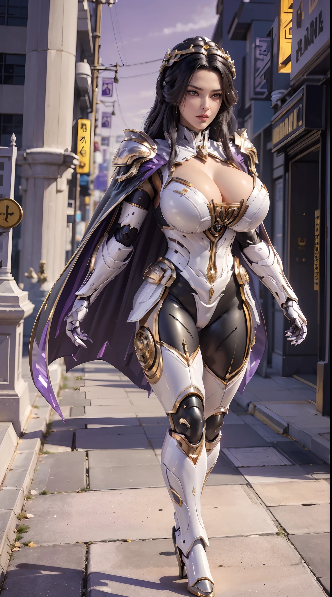 1GIRL, SOLO, (shiny black hair), (HUGE FAKE BOOBS:1.3), (GUARD ARM, GLOVE), IMMORTAL, (white, purple, gold, FUTURISTIC MECHA ARMOR SUIT, ROYAL CAPE, CLEAVAGE:1.5), (SKINTIGHT YOGA PANTS, HIGH HEELS:1.2), (NSFW GLAMOROUS BODY, SEXY LONG LEGS, FULL BODY:1.3), (FROM FRONT, LOOKING AT VIEWER:1), (WALKING DOWN ON STREET NIGHT CITY:1.3), PHYSICALLY-BASED RENDERING, ULTRA HIGHT DEFINITION, 8K, 1080P.