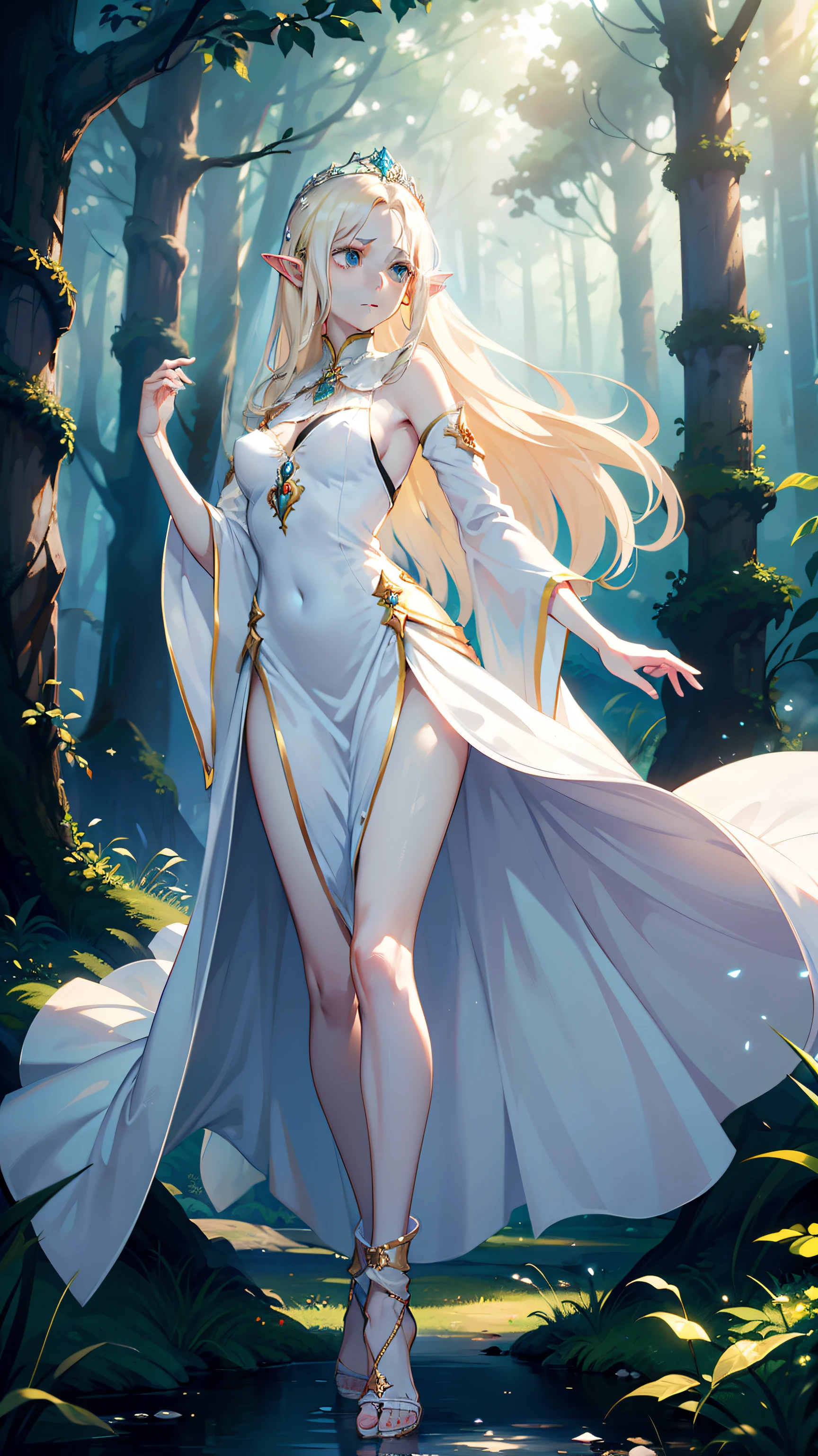 masterpiece, ultra detailed, 8k portrait, RAW photo, portrait photography, highly detailed face, beautiful and meticulous eyes, ((Fantasy)), Young beautiful, (((expressionless))), elf, (((queen))), ((diadems)), (((albino))), (((skin as white as pearl))), ((blond)) very long hair, (((long hem Empire dress))) Fluttering in the wind, (((Gorgeous))), (((bare foots))), anklet, Midday sun, Hyper realistic, Slender body, Body model, Small breasts, Beautiful breasts, Long legs, In the deep forest castle, surrounded by small birds, Ambient lighting, Shadow details , Camera focus on face, strong breeze, Light fog