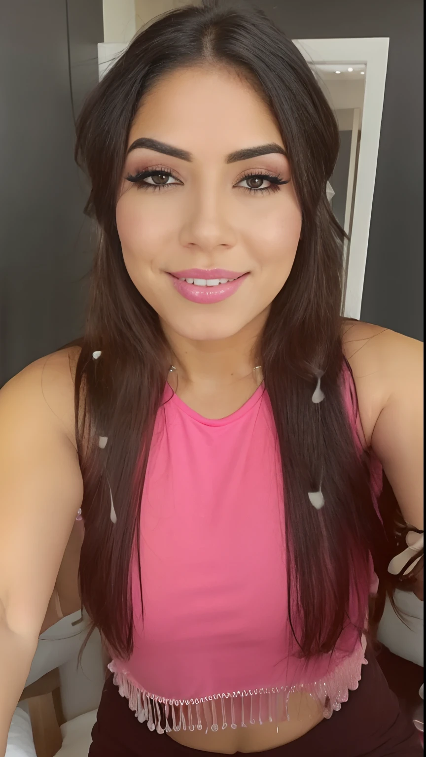 a close up of a woman with long hair wearing a pink top, with professional makeup, headshot profile picture, ayahausca, frontal picture, with straight black hair, sexy face with full makeup, pink straight hair, alanis guillen, glowing pink face, very very low quality picture, with long hair, female with long black hair, beautiful mexican woman hands over head, hands behind head, posing for camera, cumshot on face , cumshot string , facial cumshot