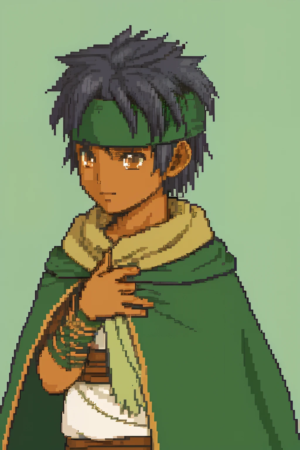 solo focus, Vanilla Fire Emblem, Desaturated Sprite, Halfbody, no frames, young man, boy, shota, , youngen cloak, black hair, Mage, tribal, tan, dark skin, headband, tribal clothing