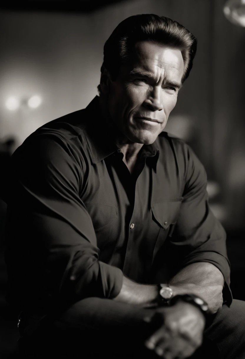 fotorrealista, arnold schwarzenegger com cabelos loiros, camisa preta, sorrindo para a camera, de noite, film grain, 1990s