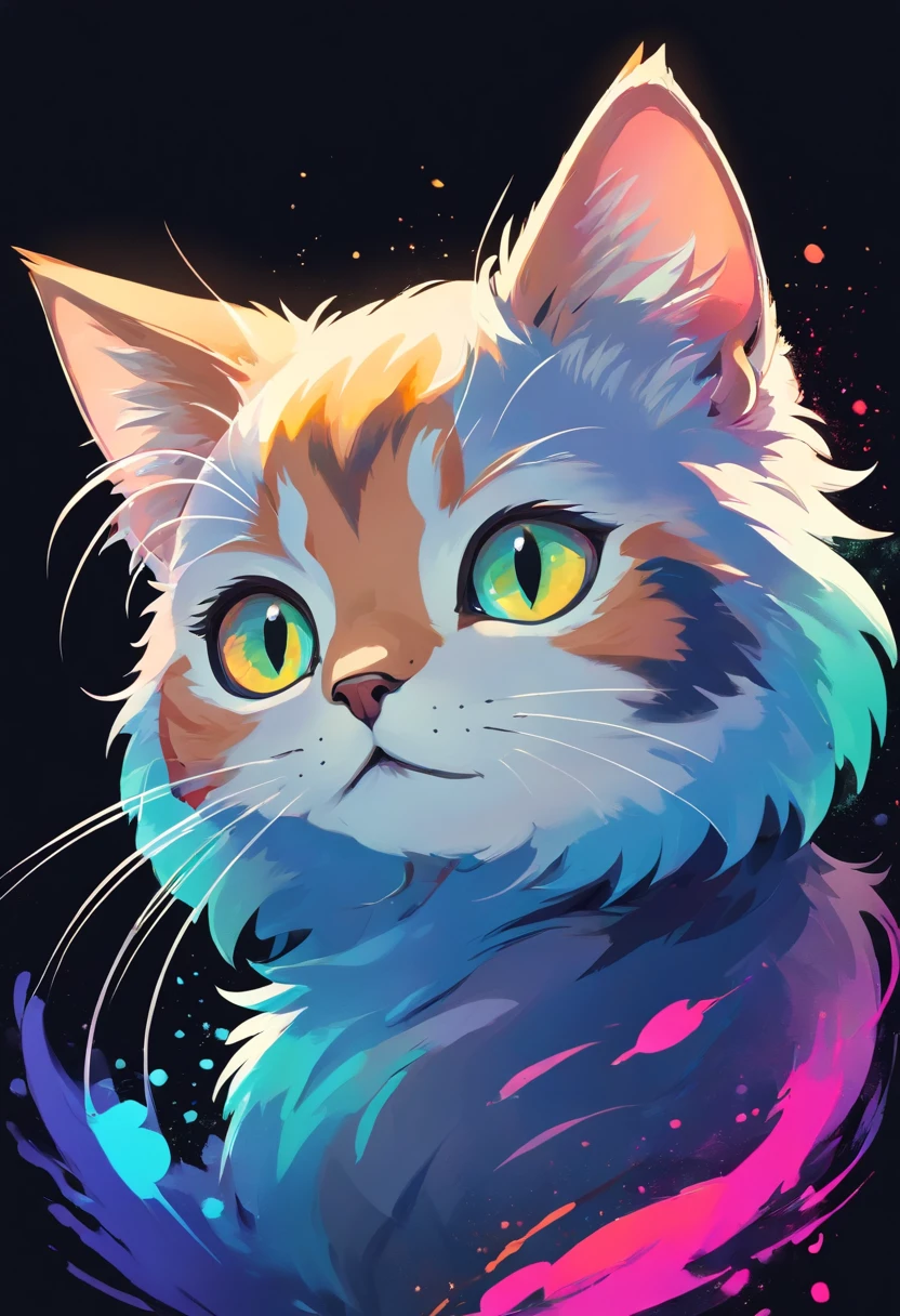 Colorful logo, Cute minimalist illustration of kitten head vector art, devant, magique, Design pointu, Memorandum of Understanding, couleur monochrome, Dark Magic Colorful Splatter Paint, Conception de t-shirt, Studio Ghibli Style, The design must be vector art . Using Adobe Illustrator, Create a, Logo simple mais captivant. Keep the design centered on the cat's eye, Capture its uniqueness and charm. The logo should evoke a sense of sophistication and tranquility. Emphasis on low-poly styling adds a touch of luxury. The overall aesthetic should be sleek and stylish, pertinent par rapport aux objectifs de votre marque et de votre logo, Black Backgrounds, ((Simemeter)) It's a little cat