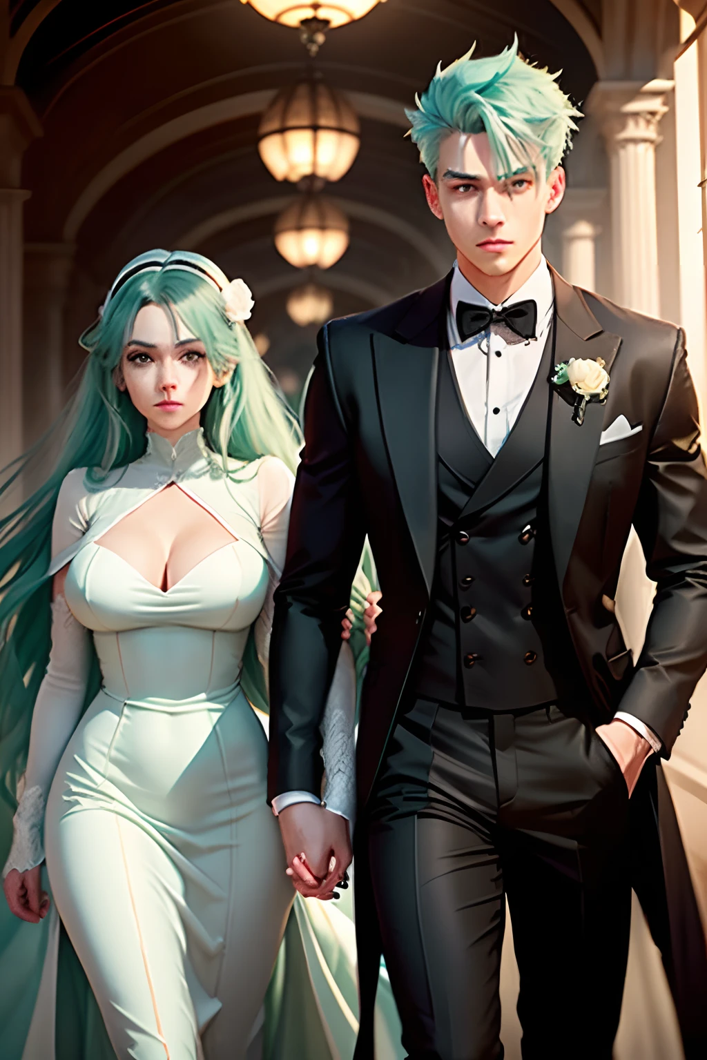 couple, 1 boy, masculine, tall, fit, short light sea foam green hair, light purple eyes, 1 girl, long black hair, doe green eyes, soft heart-shaped face, big breast, long white dress, historical, holding hands, defined eyes, ballroom.