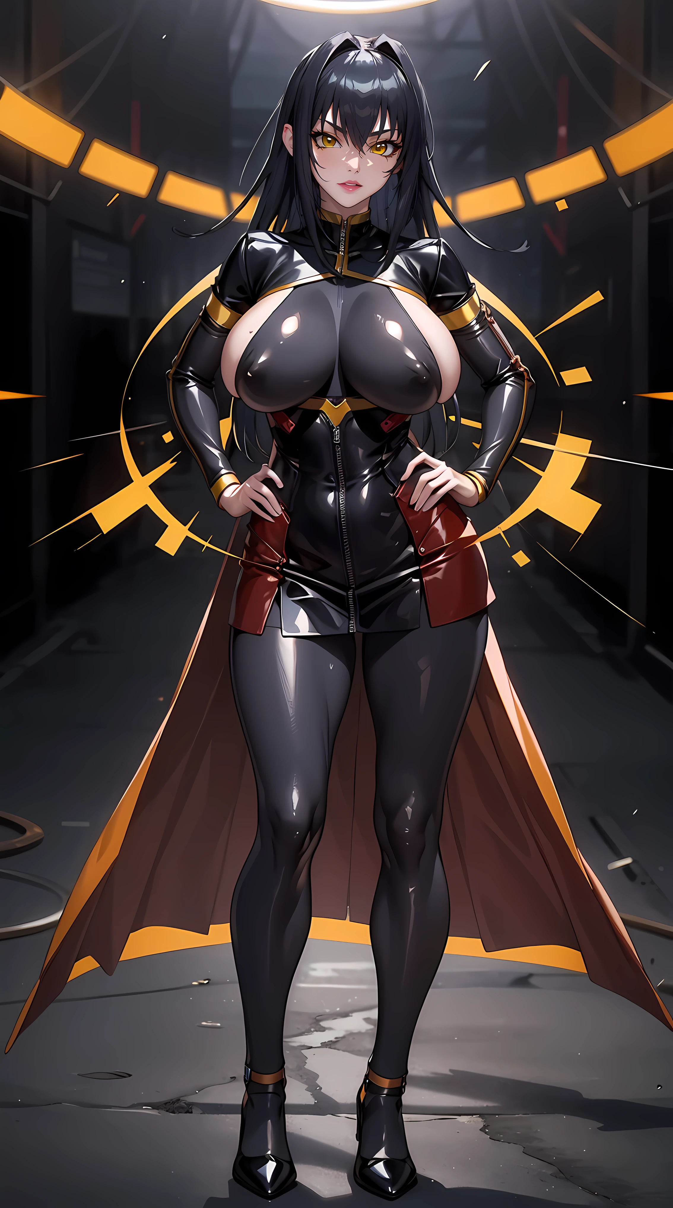 (masterpiece:1.4),(best quality:1.4), soft lighting, cinematic bloom, beautiful face, beautiful eyes, cowboy shot, studio, photo model,
Annerose, 1girl, solo, female mature, black hair, long hair, yellow eyes, large breasts, full bodysuit, black outfit, higheels, shiny clothes, skin tight, hair intakes, covered breasts, sideboob, extremely detailed character design CG unity 8k HDR, beautiful character design, professional art, (solo:1.5), (half body shot:1.1)