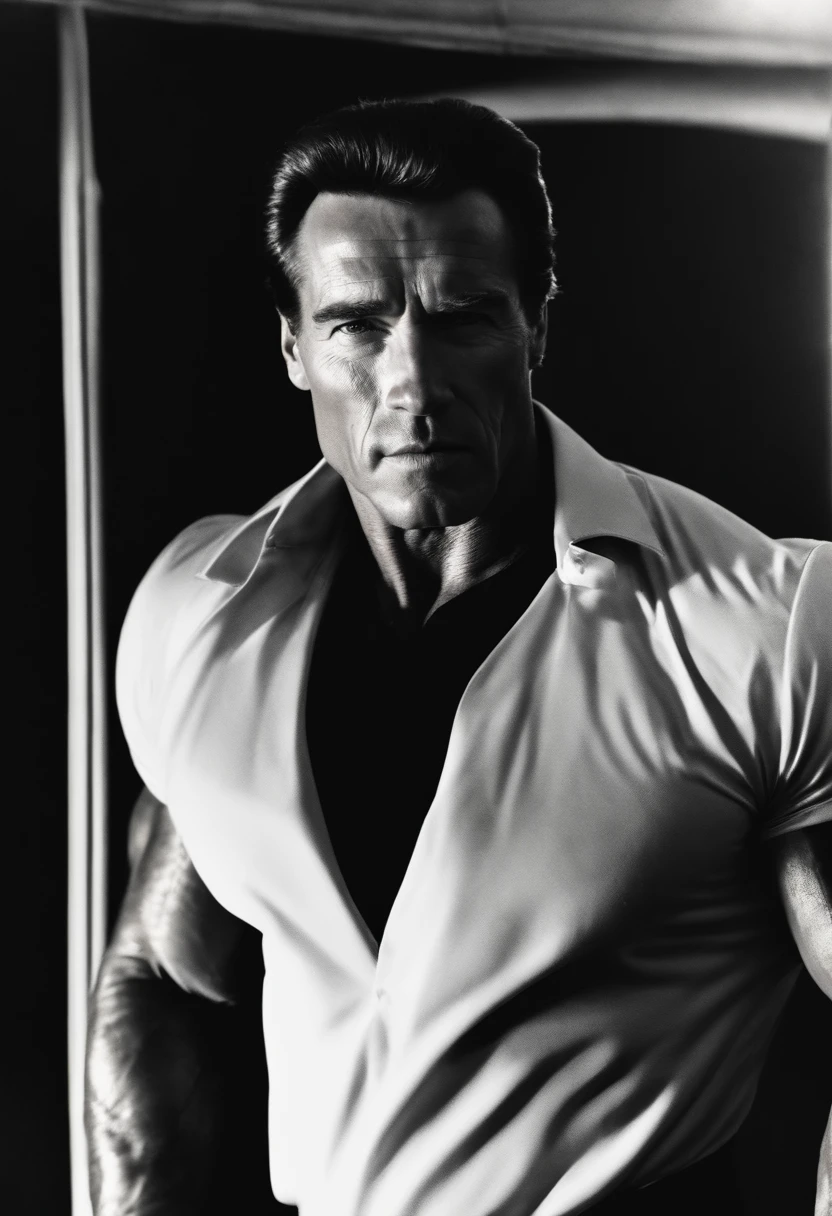 young arnold schwarzenegger, blond hair, black bodysuit, Venom symbol in the chest