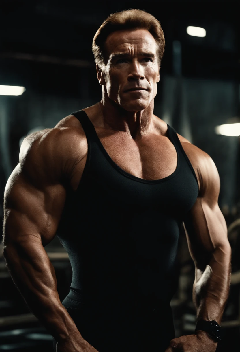 young arnold schwarzenegger, blond hair, black bodysuit, Venom symbol in the chest