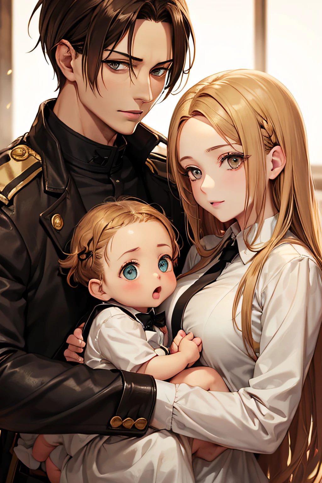 Levi Ackerman from AOT and a women with brown/blonde hair with free forehead, holding togheter a girl with brown hair