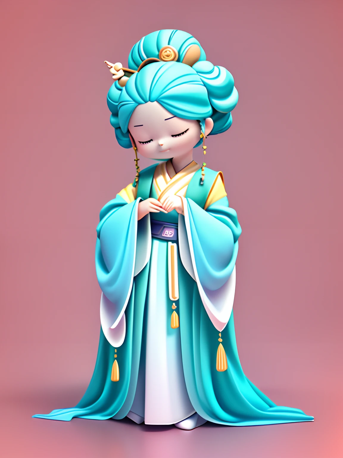 A cartoon girl,ssmile,Hanfu,cyan colors,Cartoon IP,Volume lighting,advanced color system,ultra-realistic realism,(。.3D:1.5), behans,Pinterest,trendy blind box toys,with a pure white background,HD picture,(RAW photos),(best qualtiy),full bodyesbian,(Photo fidelity:1.3),(tmasterpiece),Cartoony,4K,A lot of detail,(simplebackground:1.5)