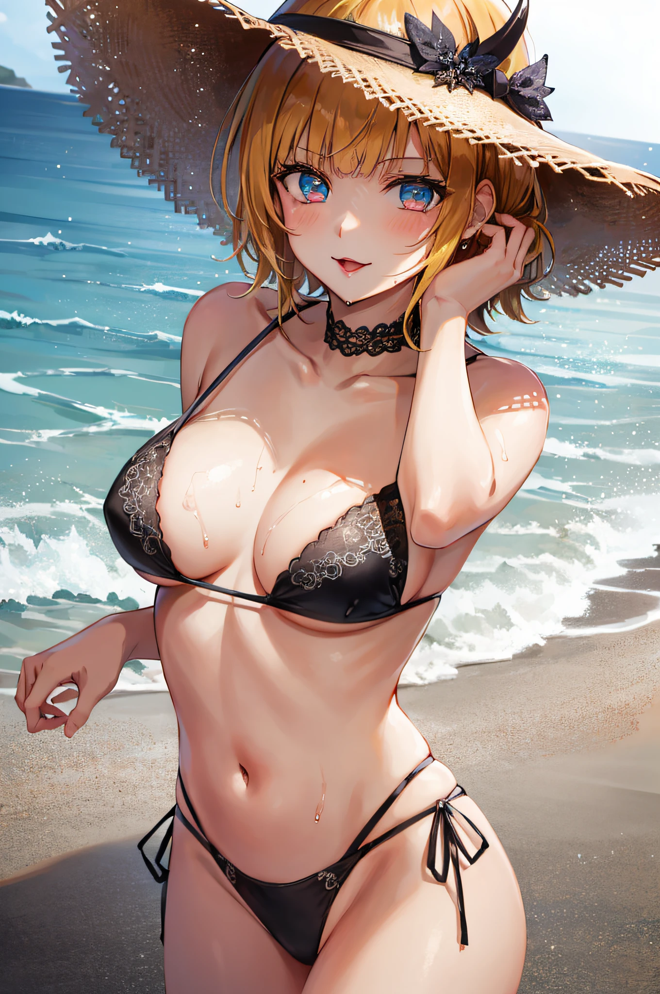 memcho, blonde hair, blue eyes, blunt bangs, demon horns, fake horns, horns, short hair,
BREAK Skirt style bikini, a straw fedora hat, medium breasts, Naked, Exposed skin, Wet skin,
BREAK outdoors, beach, 
BREAK looking at viewer, 
BREAK (masterpiece:1.2), best quality, high resolution, unity 8k wallpaper, (illustration:0.8), (beautiful detailed eyes:1.6), extremely detailed face, perfect lighting, extremely detailed CG, (perfect hands, perfect anatomy)