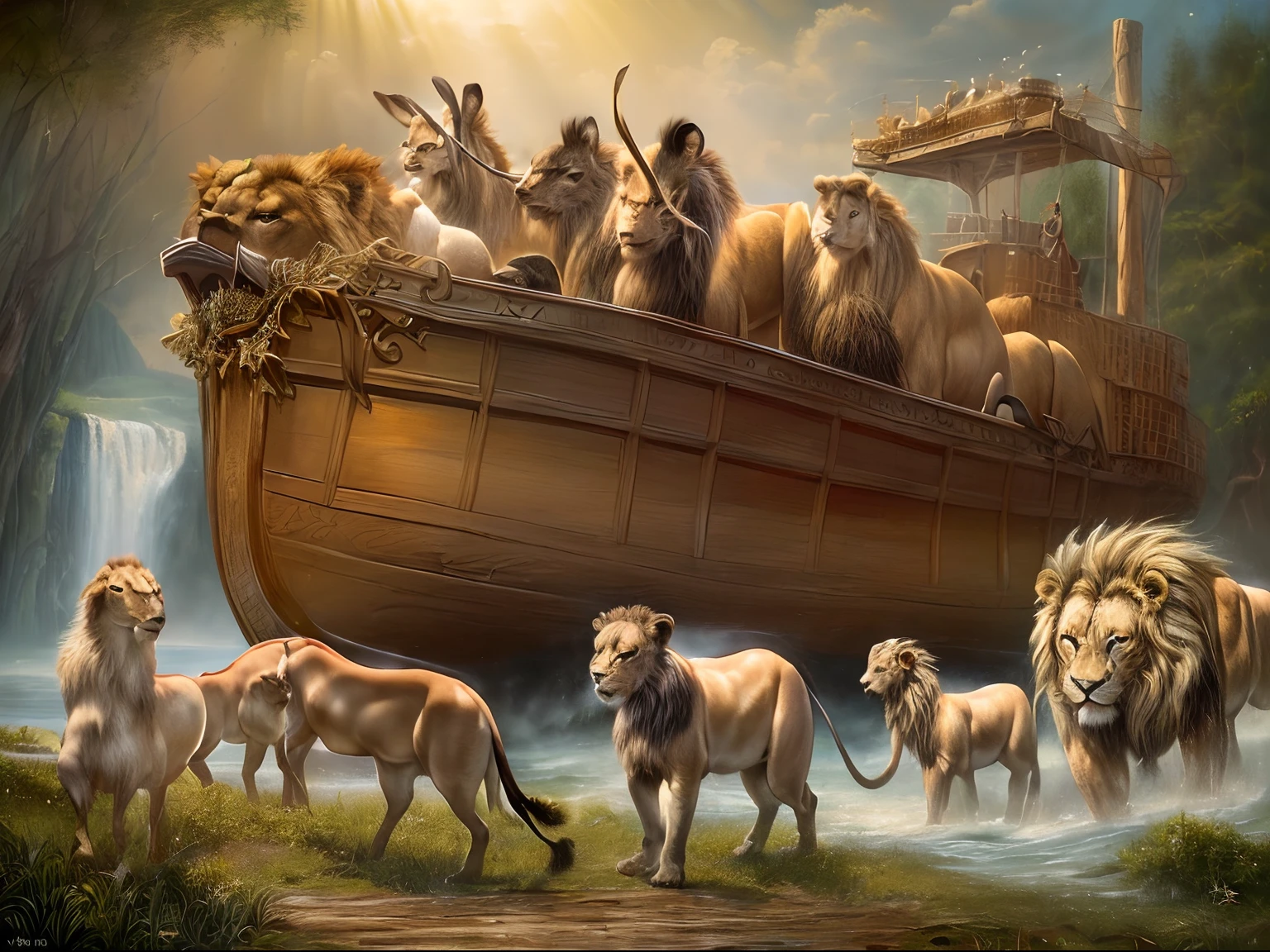 (Masterpiece, Highly realistic oil painting:1.3)
(Huge ark, Meticulous depiction, Has a wood texture and aging effect，Its long history is revealed:1.2)
(The container is made of soft lighting, Golden light, Cast an alluring warm glow on the spot:1.2)
(A range of animals, From majestic lions and graceful giraffes to curious rabbits and waddling penguins, Depicted with lifelike precision as you board the Ark:1.2)
(Animals move in pairs, Each species exhibits its unique traits and characteristics:1.2)
(Noah and his family oversee the grand boarding, Their expression reflects a mix of responsibilities, hope, and reverence:1.2)
(Each element of the scene, From the wood grain of the ark to the intricate patterns of animal fur and feathers, With the most meticulous portrayal:1.2)
(The ultra-realistice, Bring the story of Noah's Ark to life with vivid authenticity:1.3)
(An awe-inspiring and contemplative oil painting，Let the audience step into the world of this biblical story:1.2).