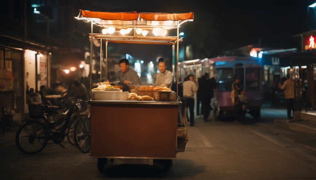an outdoor asian food cart on the sidewalk atnight. At the entrance of the subway in the stvleof webcam photography,western zhou dynastyging dynasty,northern china's terrain,chinapunk-ar 71:50--v5