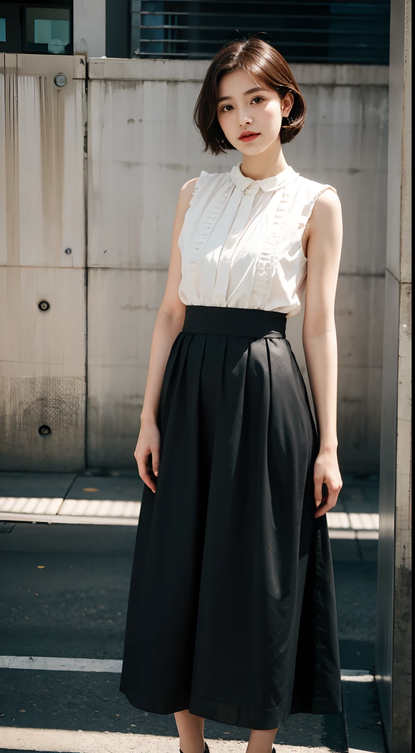 gentle and cute，short detailed hair，long  skirt，urban backdrop，Stand up，facing to audience，frontage