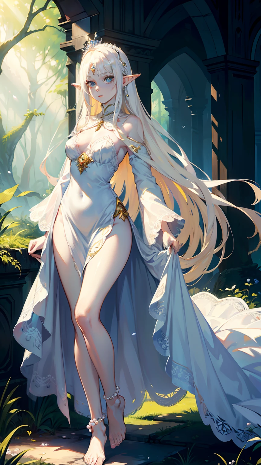 masterpiece, ultra detailed, 8k portrait, RAW photo, portrait photography, highly detailed face, beautiful and meticulous eyes, ((Fantasy)), Young beautiful, (((expressionless))), elf, (((queen))), ((diadems)), (((albino))), (((skin as white as pearl))), ((blond)) very long hair, (((long hem lacy Empire dress))) Fluttering in the wind, (((Gorgeous))), (((bare foots))), anklet, Midday sun, Hyper realistic, Slender body, Body model, Small breasts, Beautiful breasts, Long legs, In the deep forest castle, surrounded by small birds, Ambient lighting, Shadow details , Camera focus on face, strong breeze, Light fog