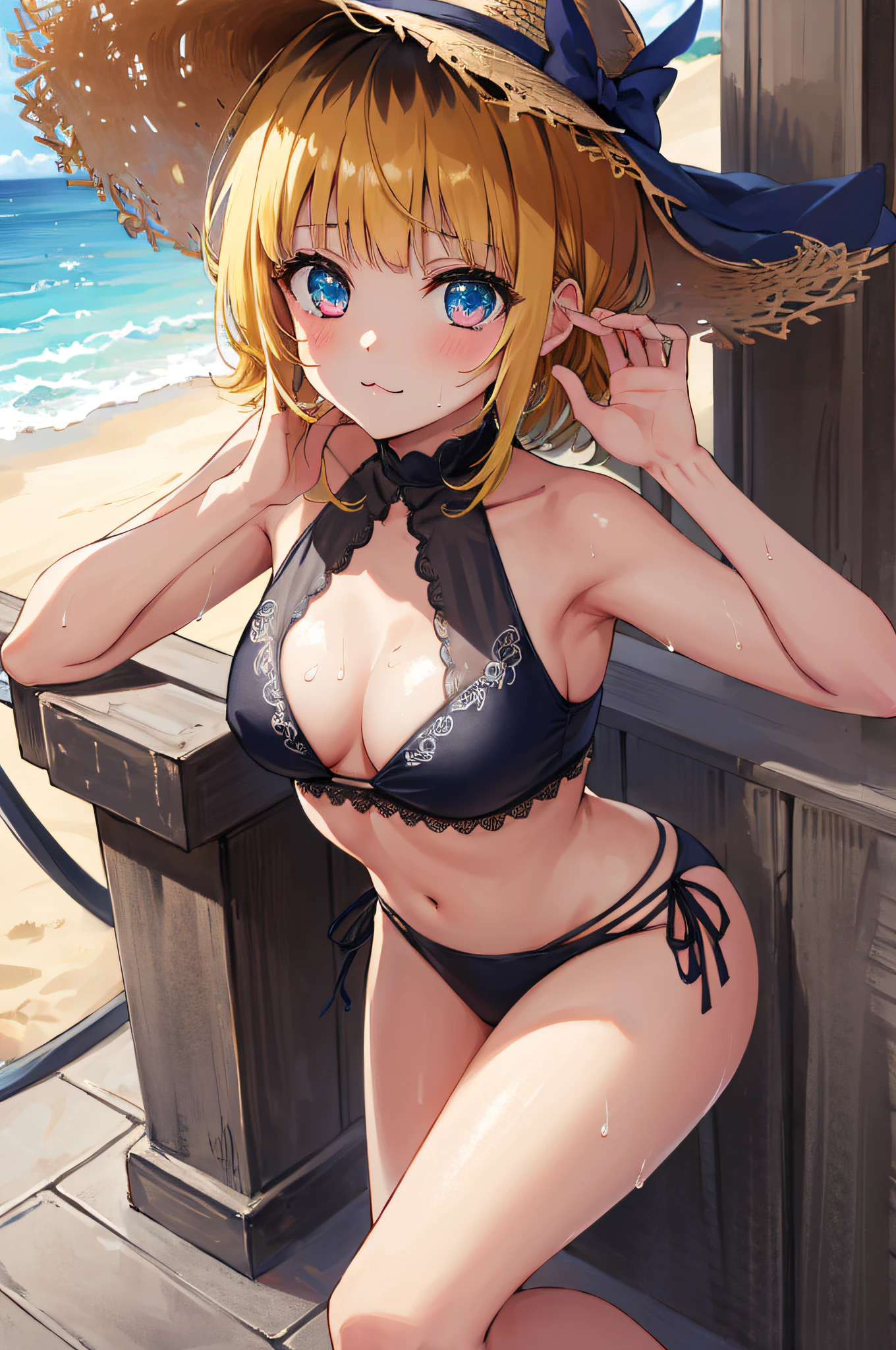 1girl, memcho, blonde hair, blue eyes, blunt bangs, demon horns, fake horns, horns, short hair,
BREAK (Skirt style bikini:1.2), a straw fedora hat, medium breasts, Naked, Exposed skin, Wet skin,
BREAK sea, beach,
BREAK looking at viewer,
BREAK (masterpiece:1.2), best quality, high resolution, unity 8k wallpaper, (illustration:0.8), (beautiful detailed eyes:1.6), extremely detailed face, perfect lighting, extremely detailed CG, (perfect hands, perfect anatomy)