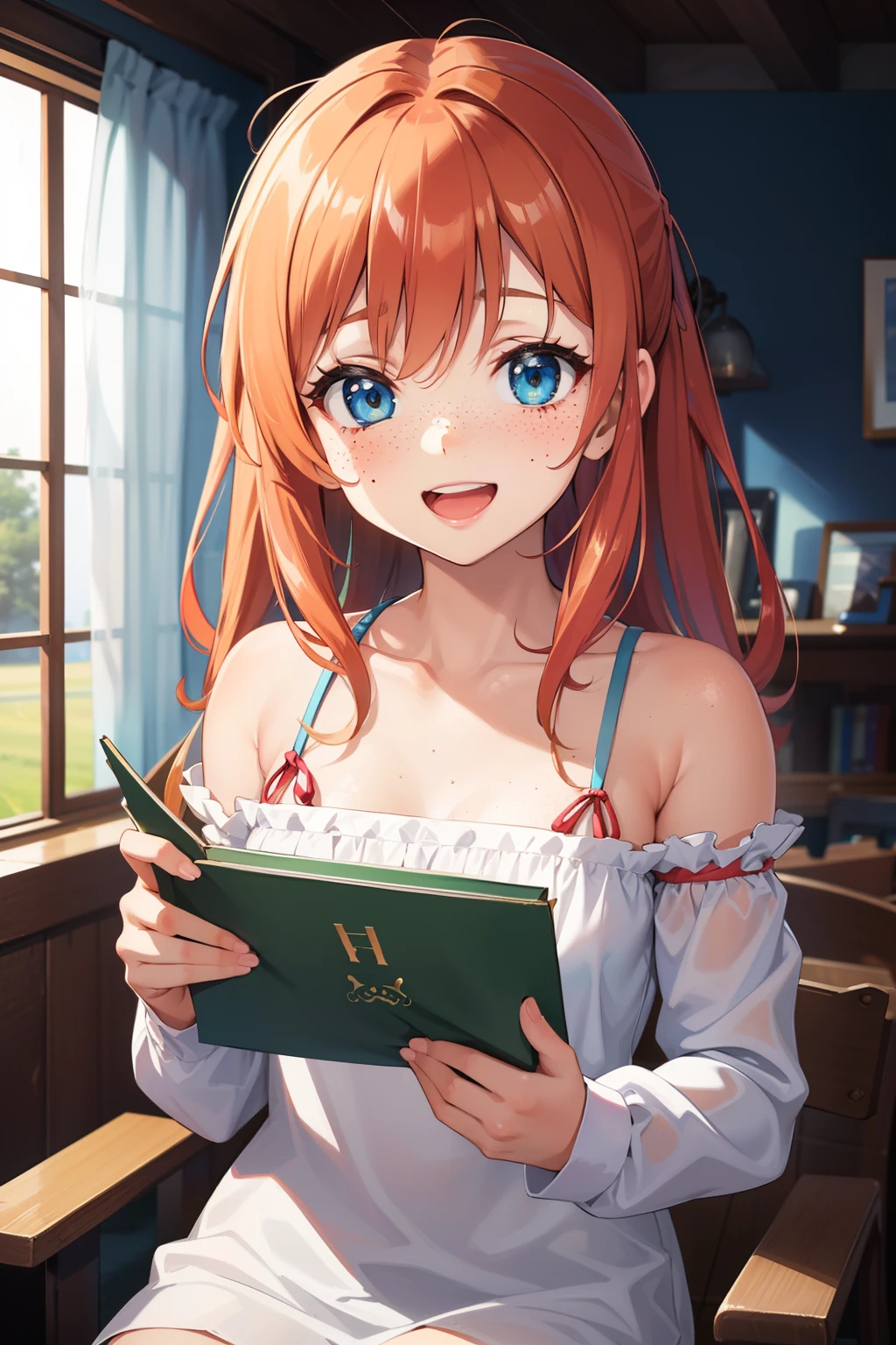 (masterpiece), best quality, Super ultra happy cute little girl, with freckles and ginger hair, holding her cheeks