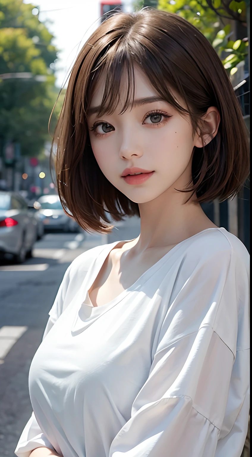 ​masterpiece、1 Beauty、A detailed face、A detailed eye、Detailed skin、Detailed hand、top-quality、Illuminated from the front with bright lighting、profetional lighting、Facing straight ahead、The background is a little blurry、Street trees in the background、Costume is a white T-shirt、hair color is brown、short-hair、japanes、a smile、