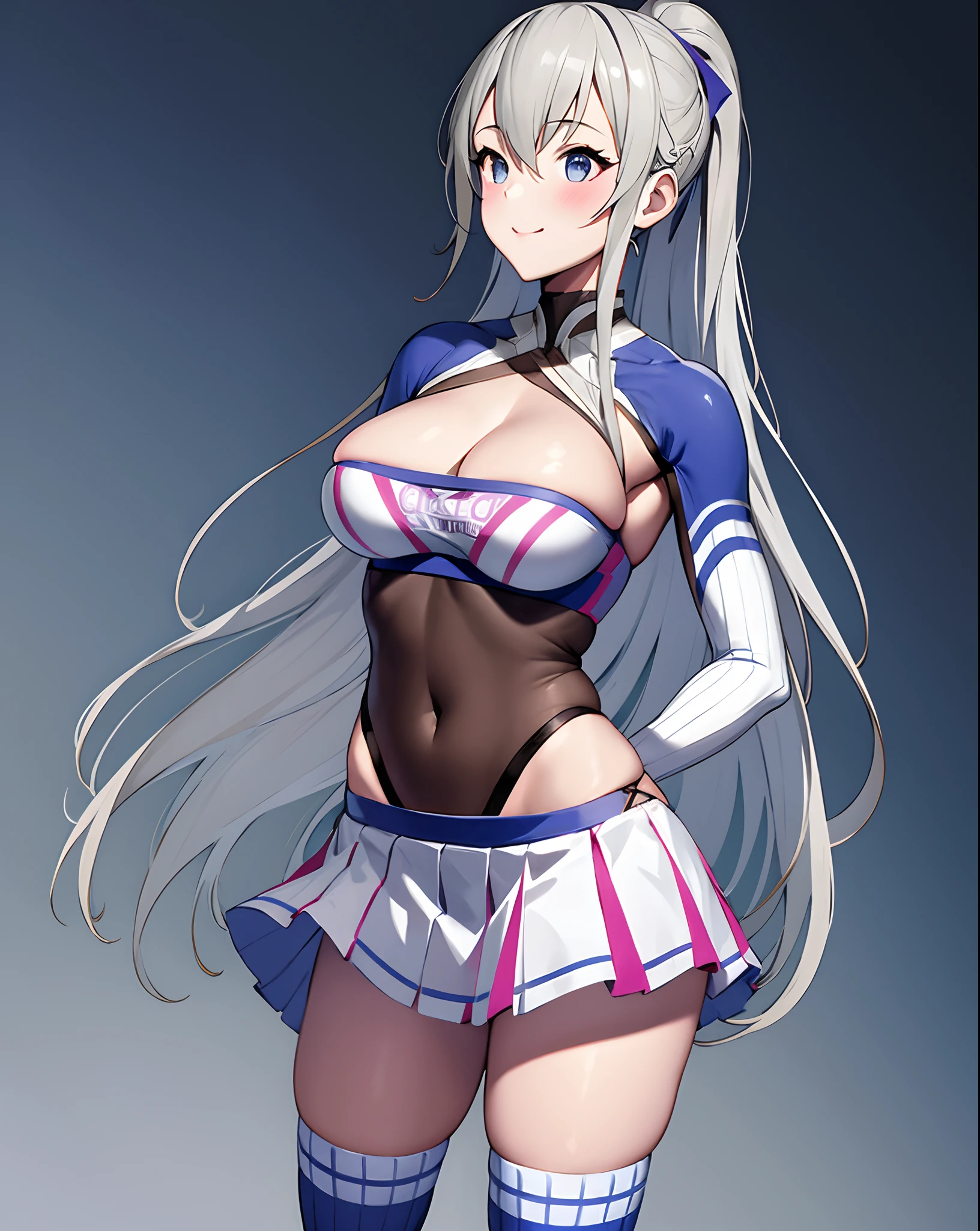 casablanca,1girl,solo, breasts, leotard, miniskirt, standing, blue thighhighs,hand on hip, light smile, cleavage, best quality, masterpiece