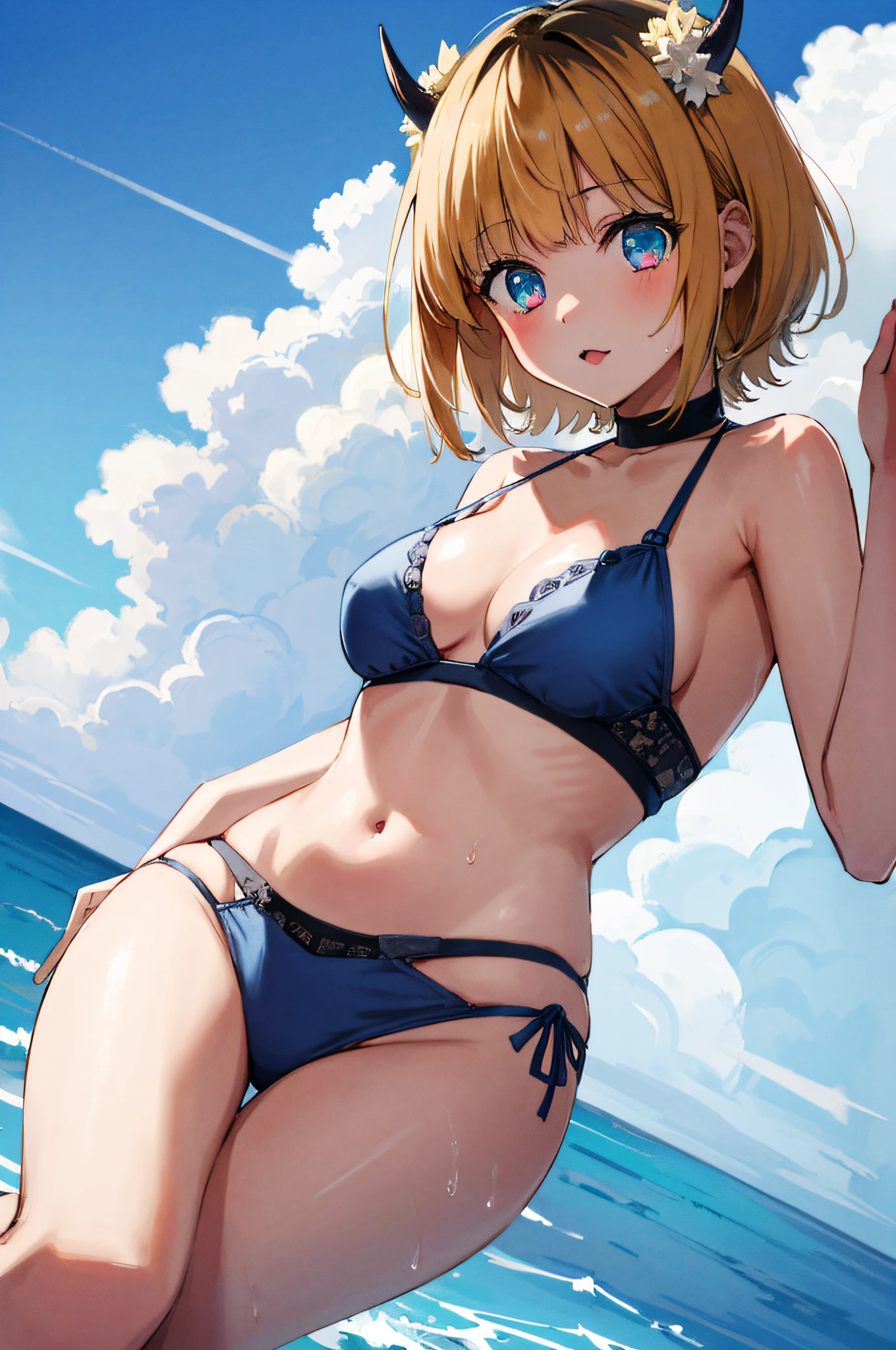 1girl, memcho, blonde hair, blue eyes, blunt bangs, demon horns, fake horns, horns, short hair,
BREAK (blue bikini:1.2), medium breasts, Naked, Exposed skin, Wet skin, (open legs:1.2),
BREAK sea, beach, 
BREAK looking at viewer, 
BREAK (masterpiece:1.2), best quality, high resolution, unity 8k wallpaper, (illustration:0.8), (beautiful detailed eyes:1.6), extremely detailed face, perfect lighting, extremely detailed CG, (perfect hands, perfect anatomy)