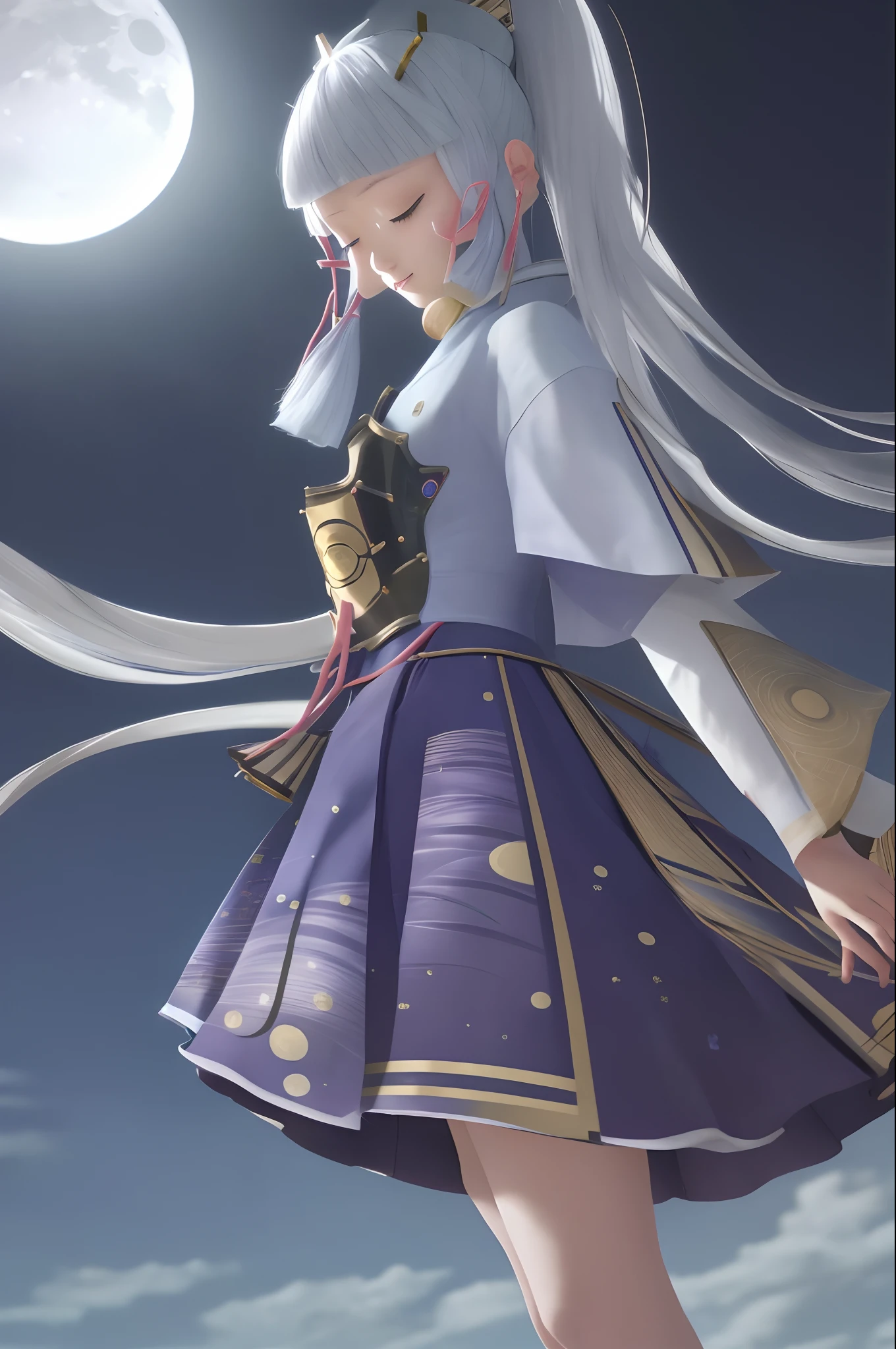 masterpiece, Hi-Res, top-quality、Raw photo、8K、reallistic、, 1 Girl Solo, Kamisato_Ayaka, middlebreasts、is standing, From above, see the beholder, Light smile, Moon Night、Big Moon、starrysky、