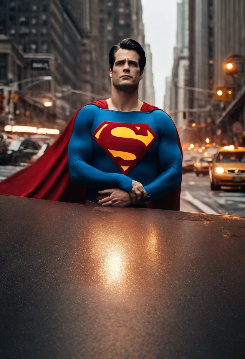 superman, ojos rojos, cara de enojado, capa rota, traje roto, cuerpos musculosos, ciudad destruida. traje rojo y azul, banderas destruidas, ropa rasgada.