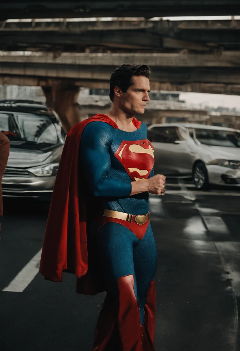 Create a scene where iconic superheroes (superman:1.5), find themselves stuck in a mundane traffic jam while in full costume, discussing their day-to-day struggles