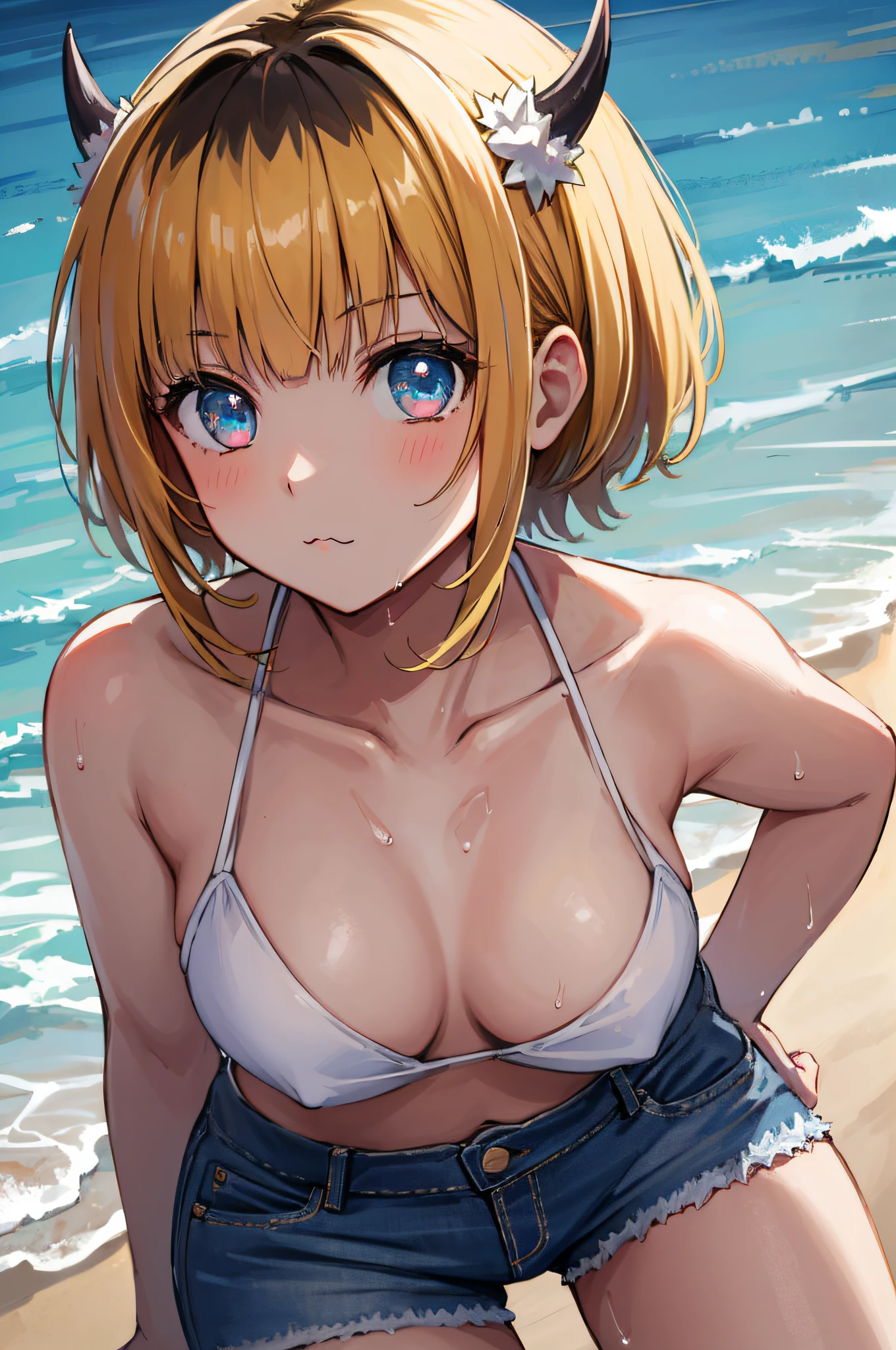1girl, memcho, blonde hair, blue eyes, blunt bangs, demon horns, fake horns, horns, short hair,
BREAK (Triangle Bikini), (Short denim pants), medium breasts, Naked, Exposed skin, Wet skin,
BREAK sea, beach,
BREAK looking at viewer,
BREAK (masterpiece:1.2), best quality, high resolution, unity 8k wallpaper, (illustration:0.8), (beautiful detailed eyes:1.6), extremely detailed face, perfect lighting, extremely detailed CG, (perfect hands, perfect anatomy)